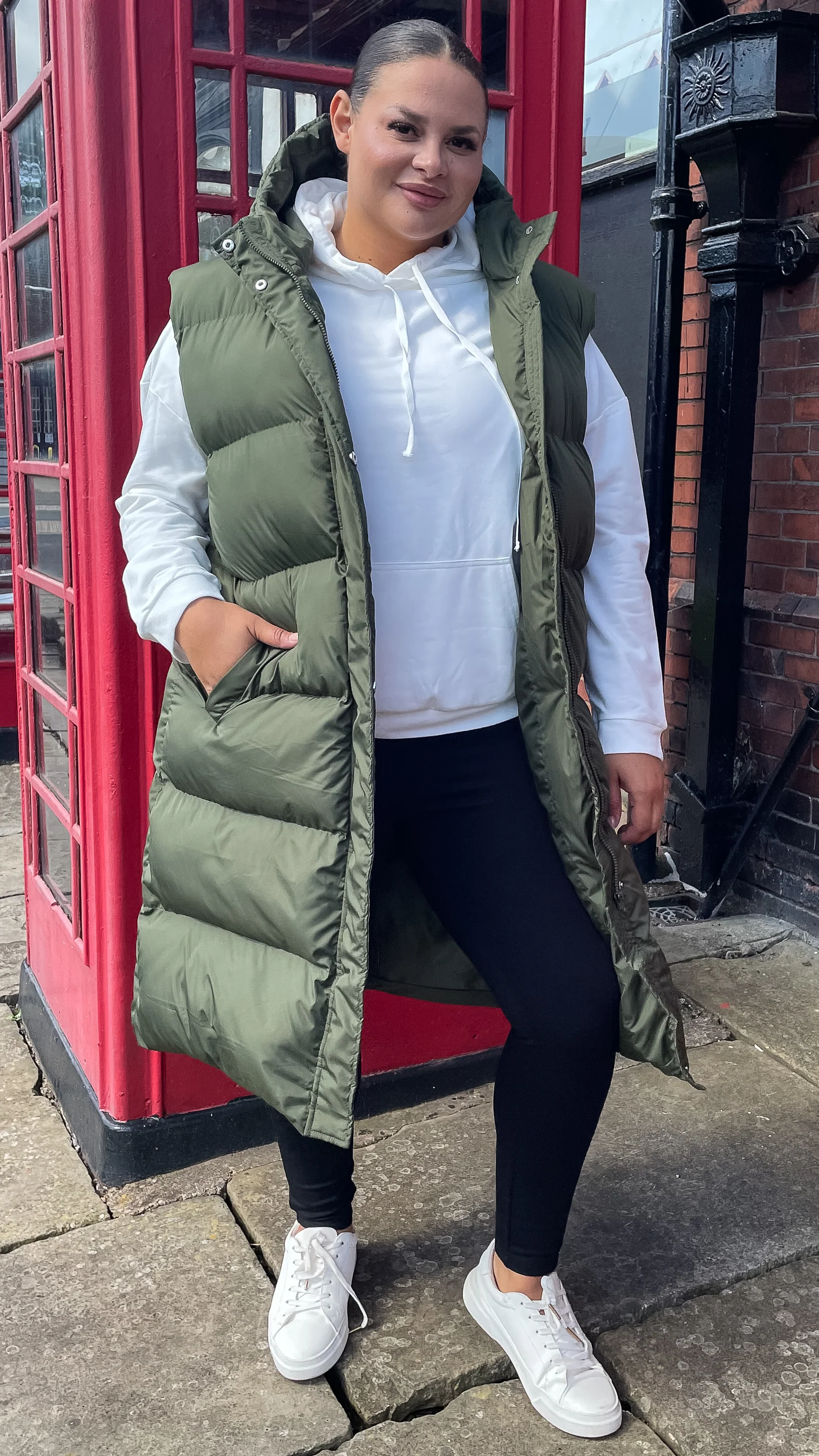 CurveWow Hooded Longline Gilet Khaki - Image 8