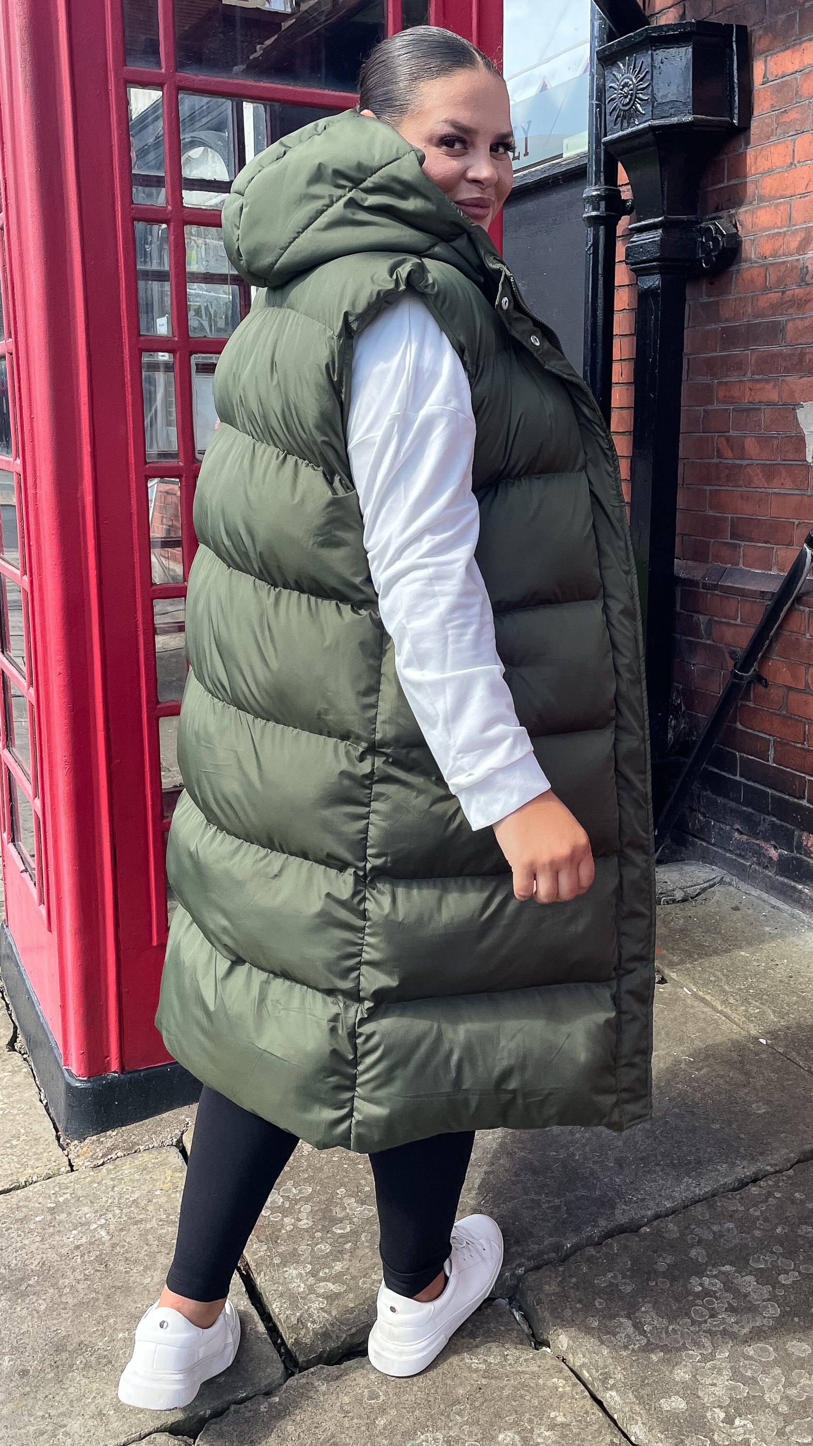 CurveWow Hooded Longline Gilet Khaki - Image 9