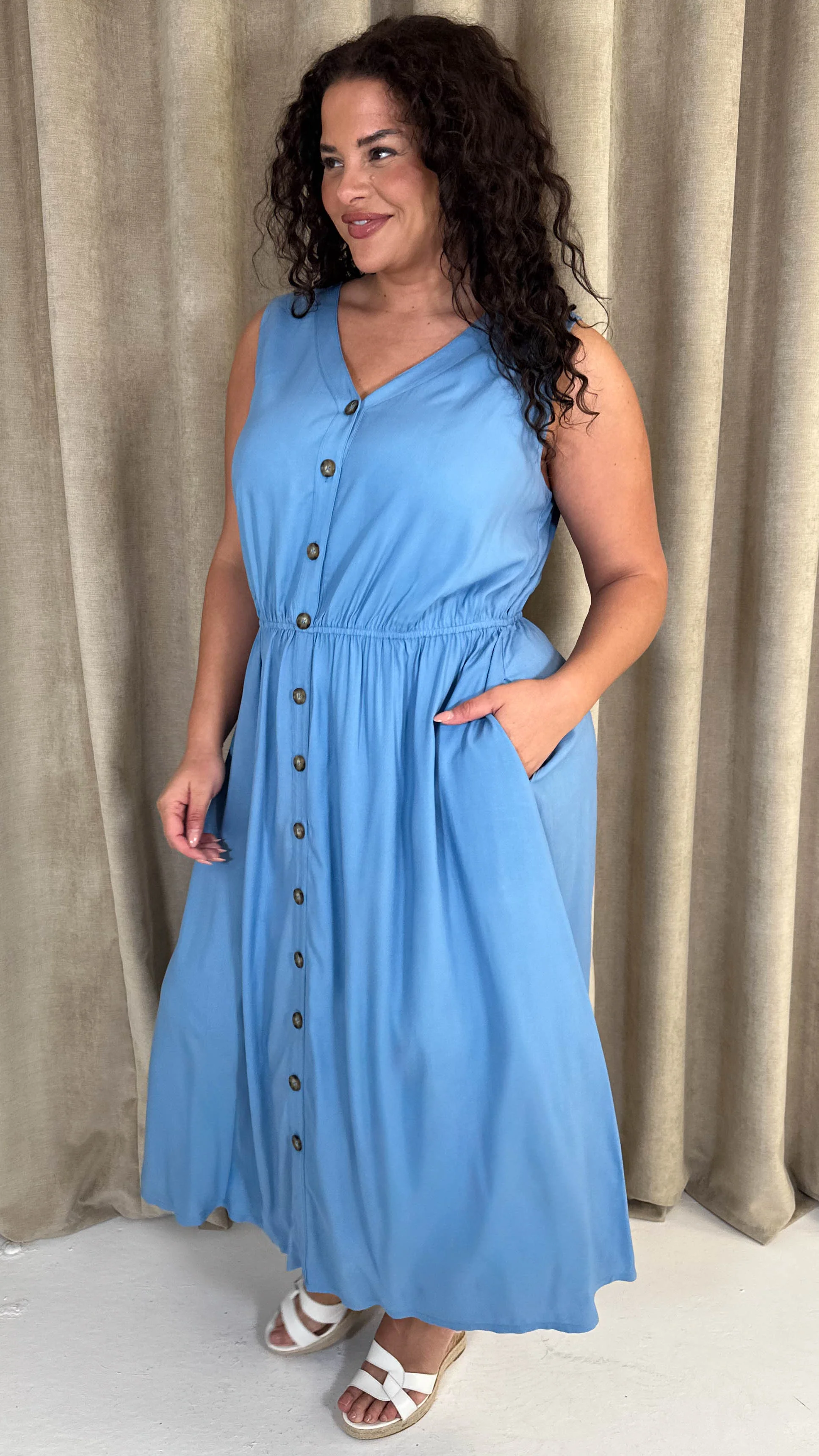 CurveWow Button Front Sundress Blue - Image 5