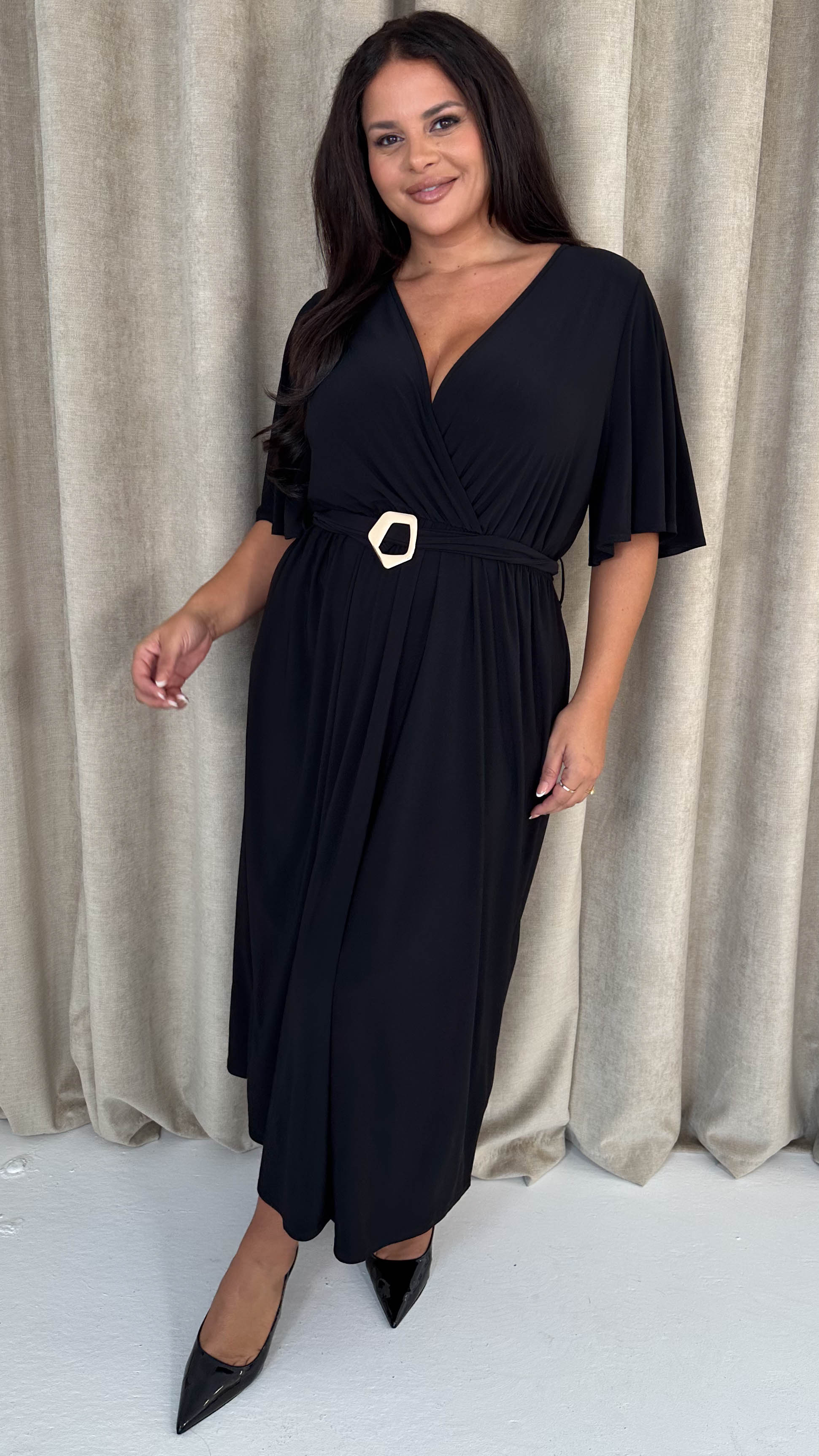 CurveWow Irregular Buckle Split Front Wrap Dress Black - Image 3