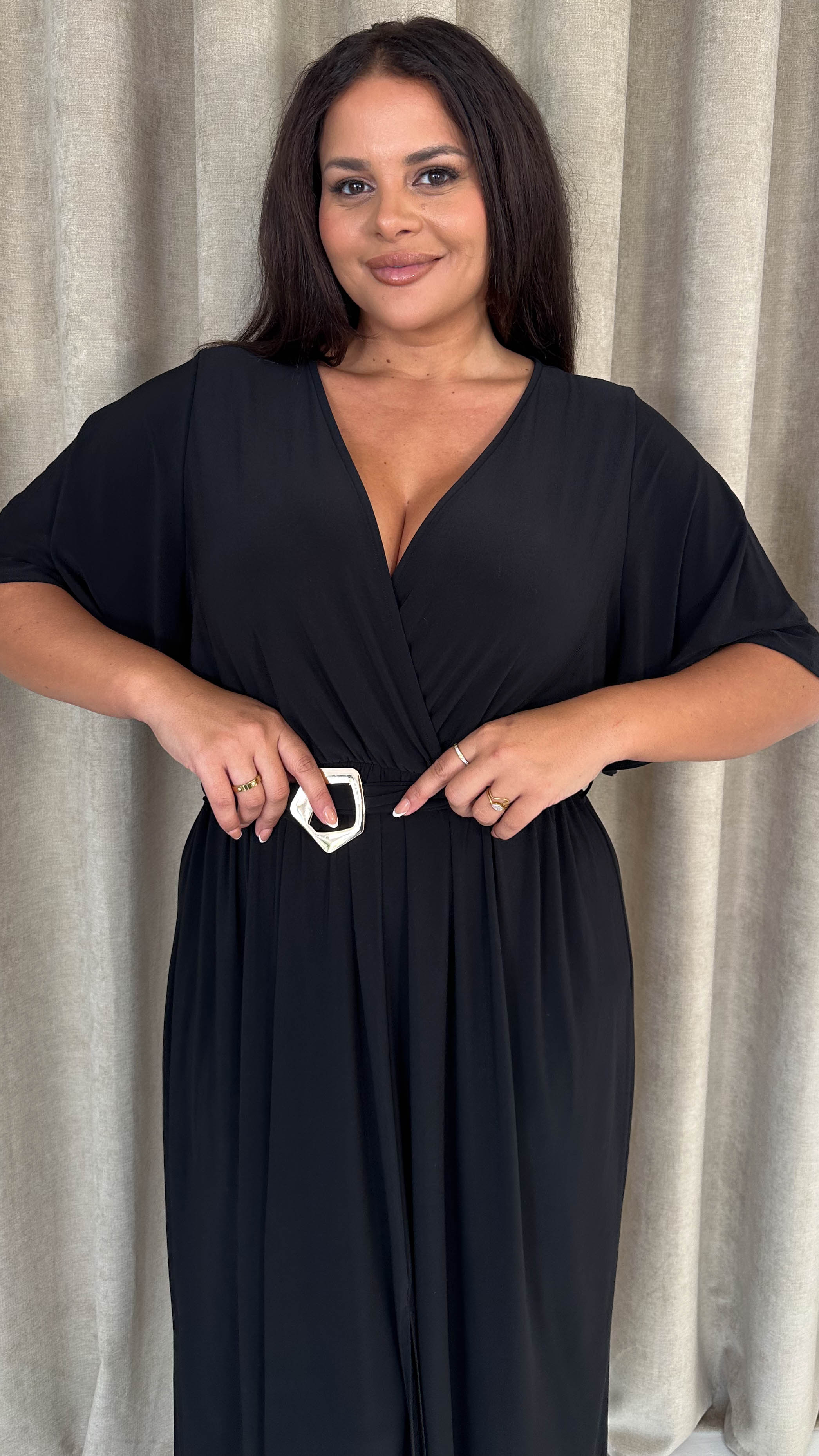 CurveWow Irregular Buckle Split Front Wrap Dress Black - Image 4