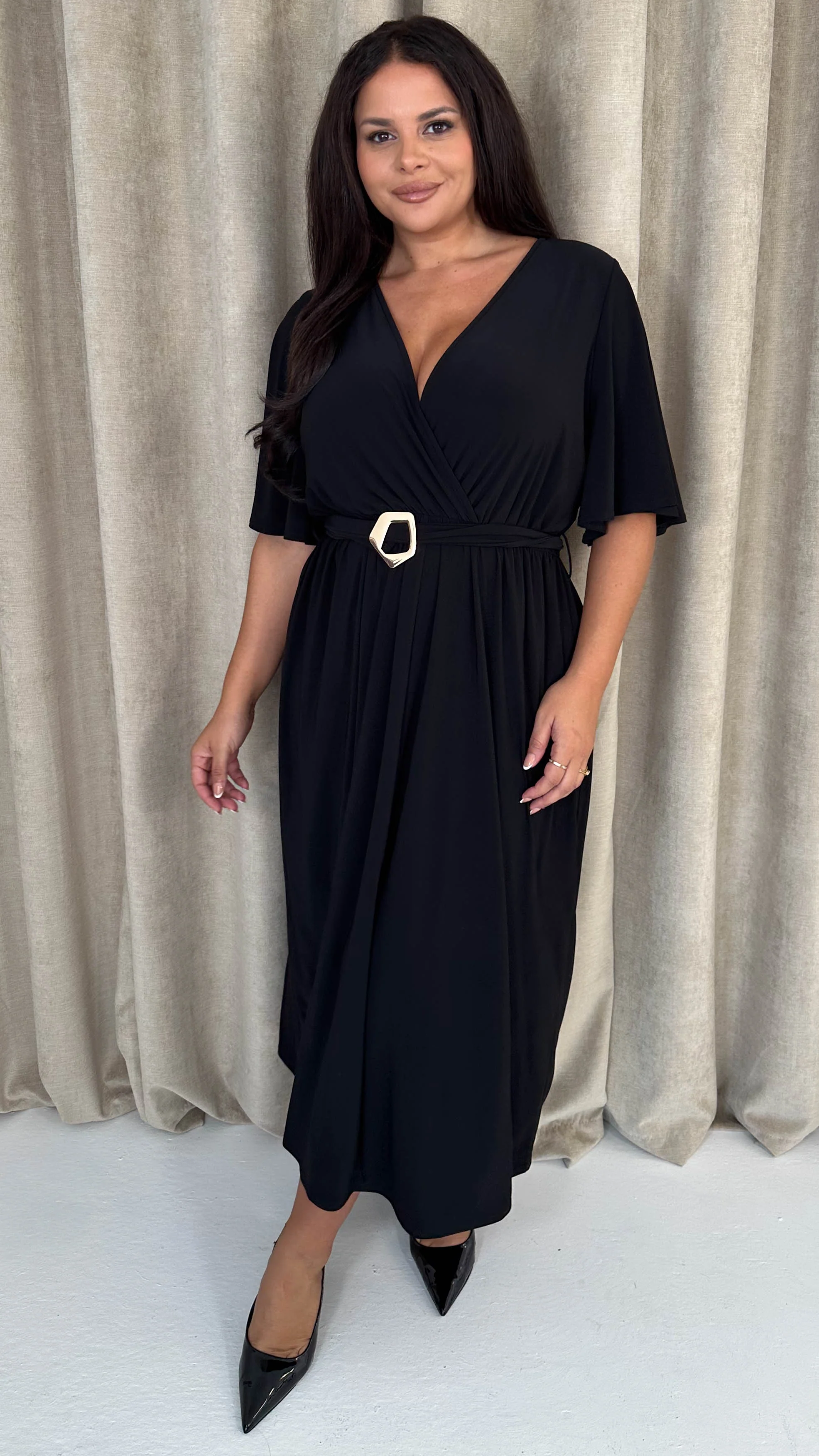 CurveWow Irregular Buckle Split Front Wrap Dress Black - Image 5