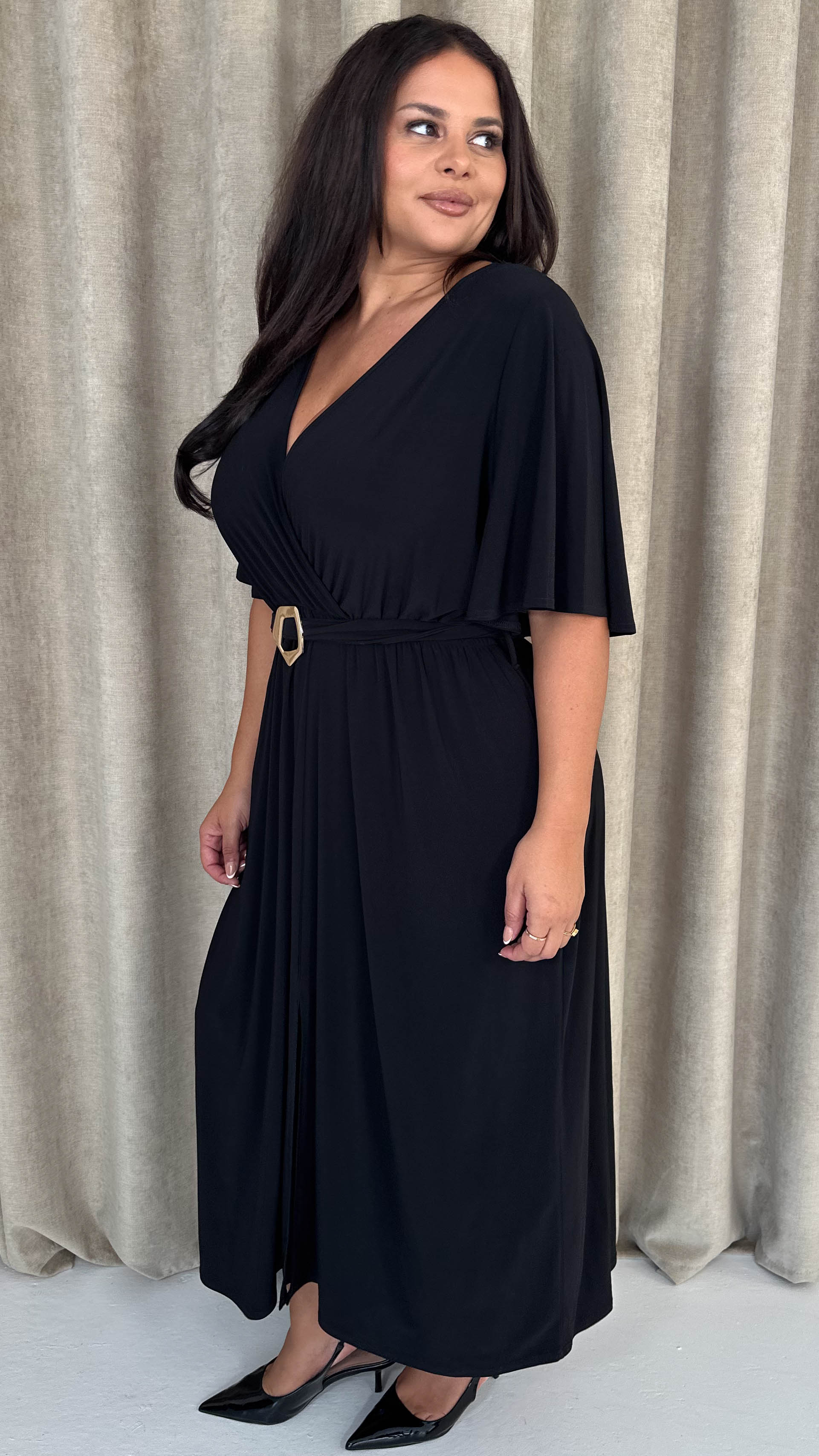 CurveWow Irregular Buckle Split Front Wrap Dress Black - Image 7