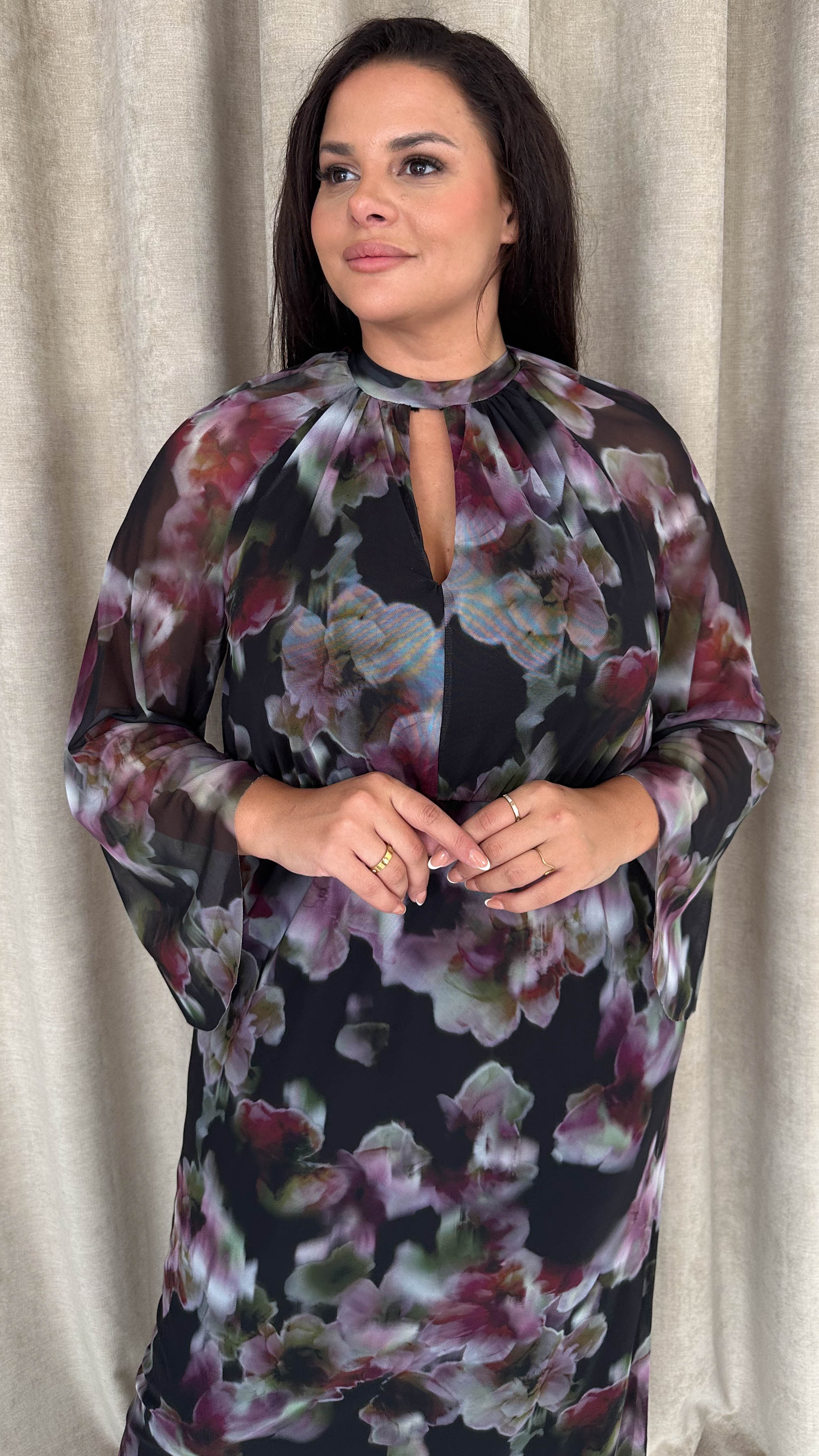 CurveWow Keyhole Mesh Dress Black Floral - Image 5