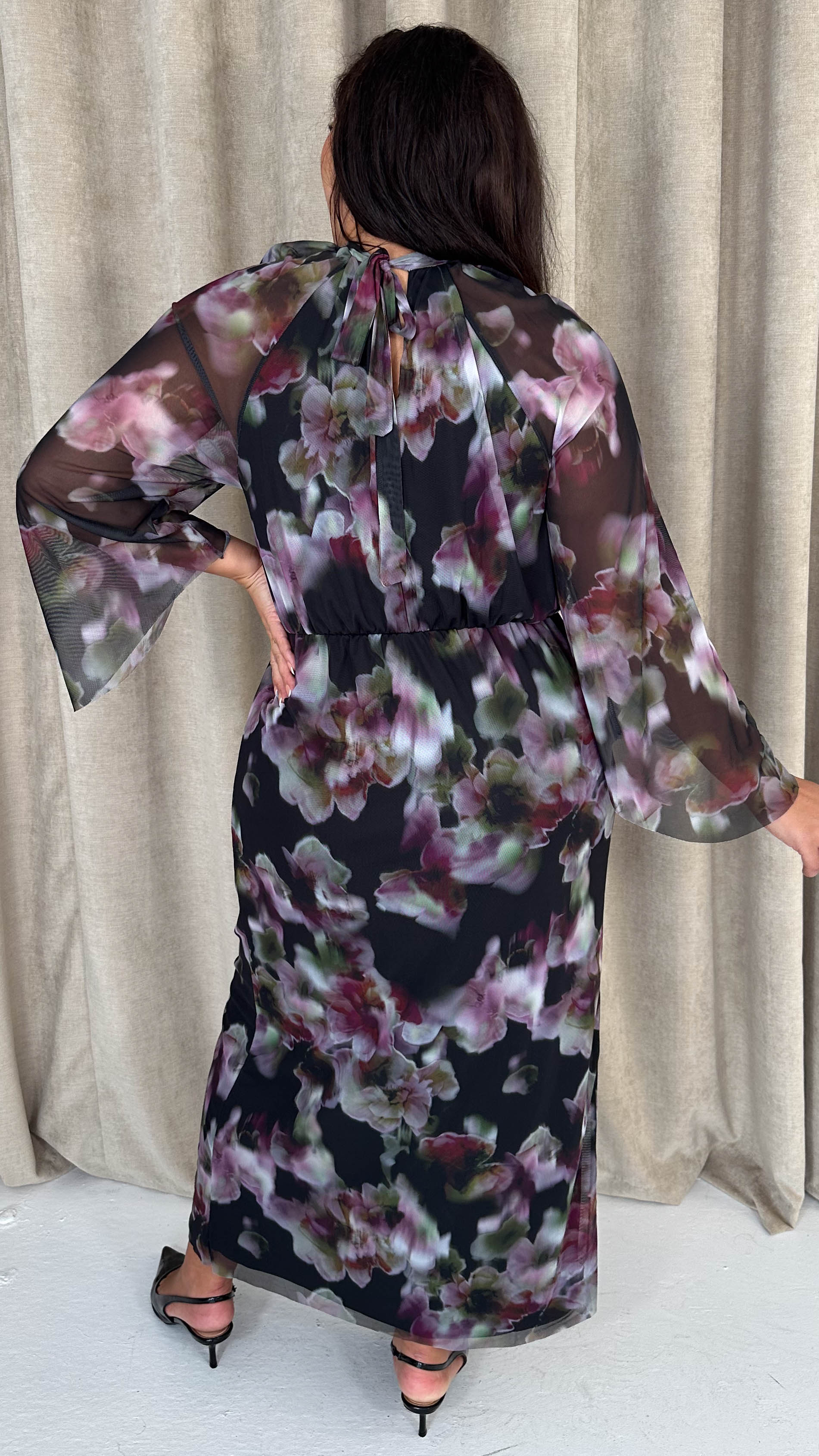 CurveWow Keyhole Mesh Dress Black Floral - Image 6
