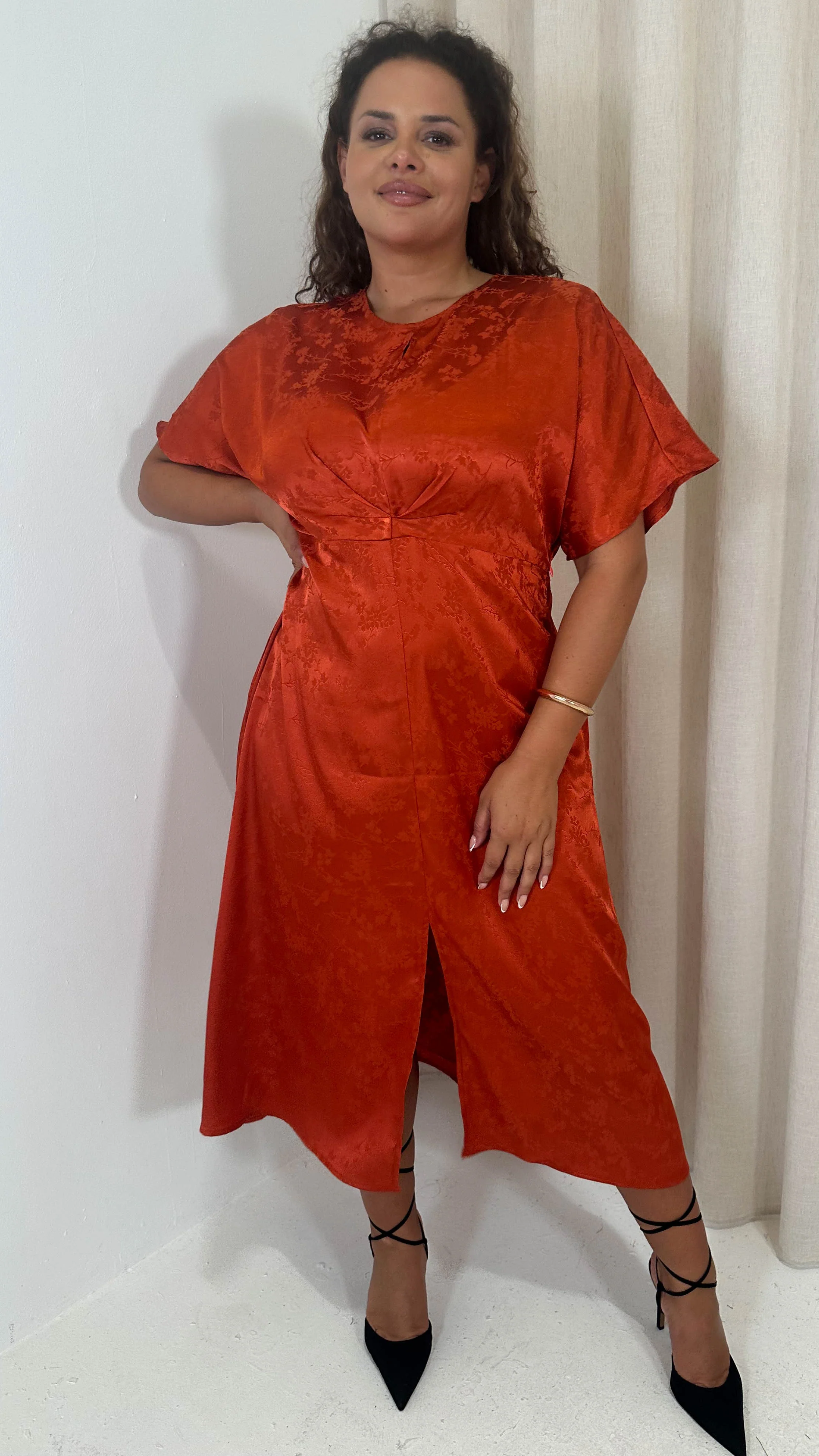 CurveWow Keyhole Oriental Satin Dress Rust - Image 6