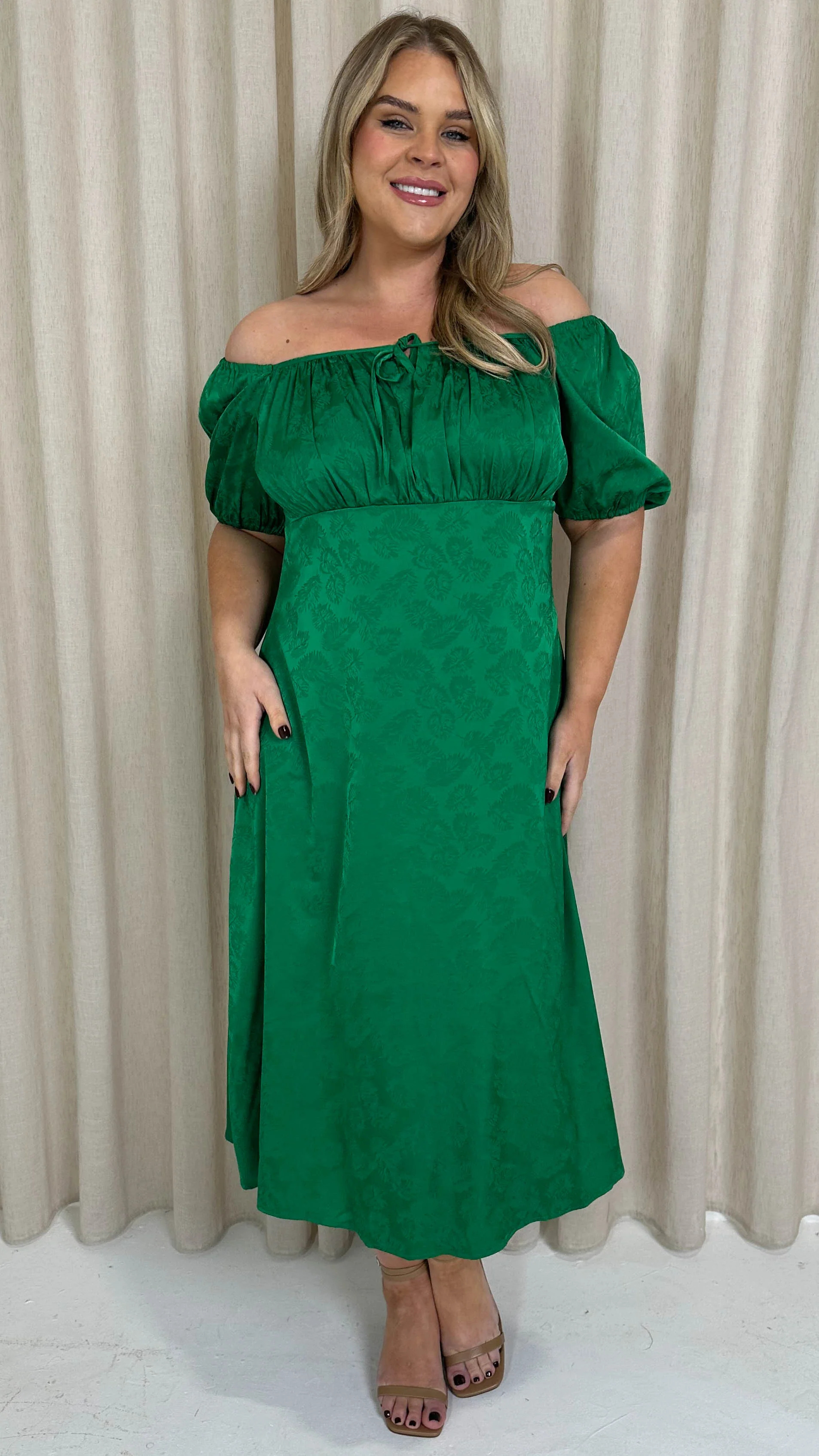 CurveWow Keyhole Palm Satin Dress Green - Image 4