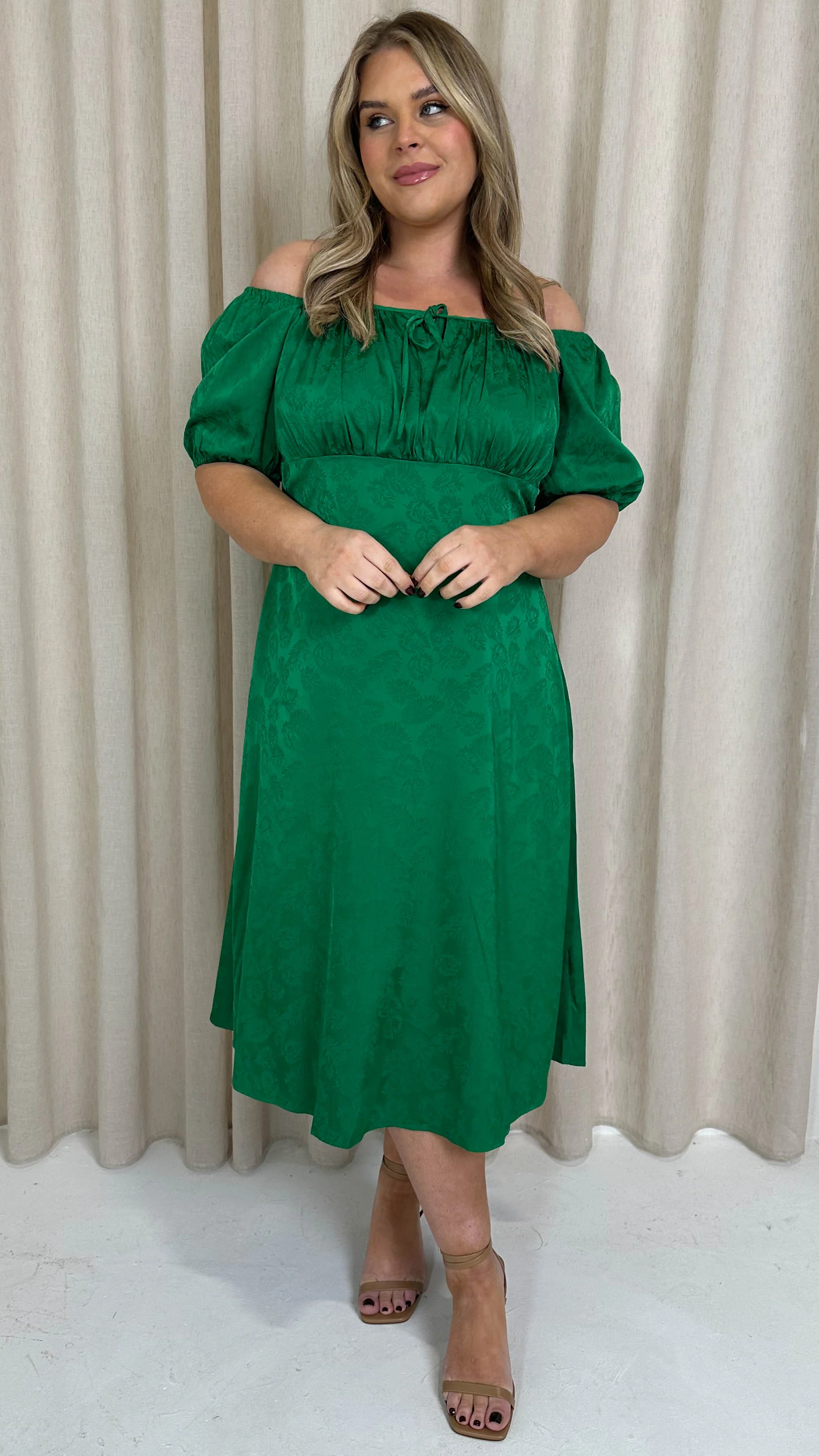 CurveWow Keyhole Palm Satin Dress Green - Image 6