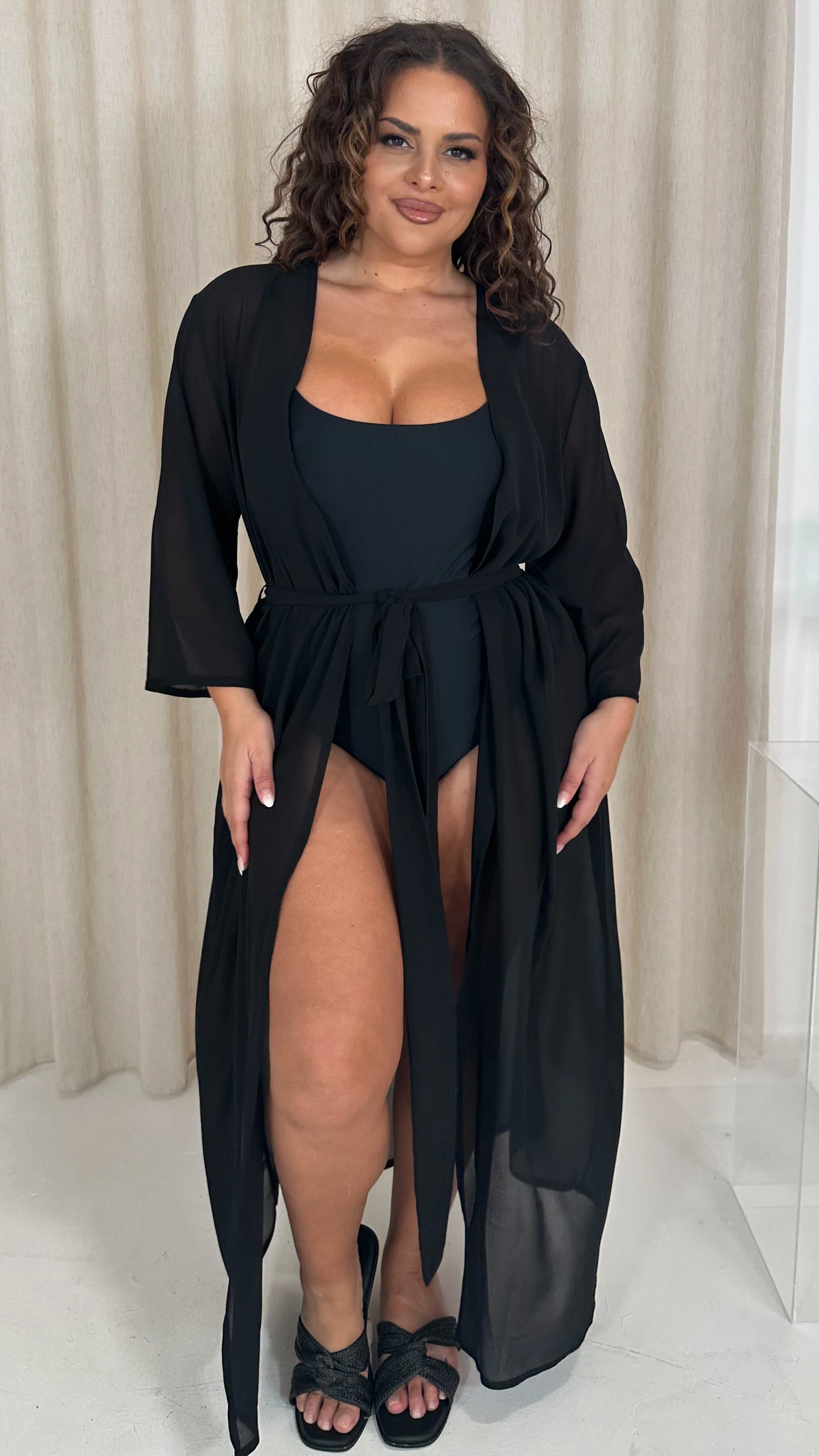 CurveWow Kimono Tie Waist Cover Up Black - Image 4