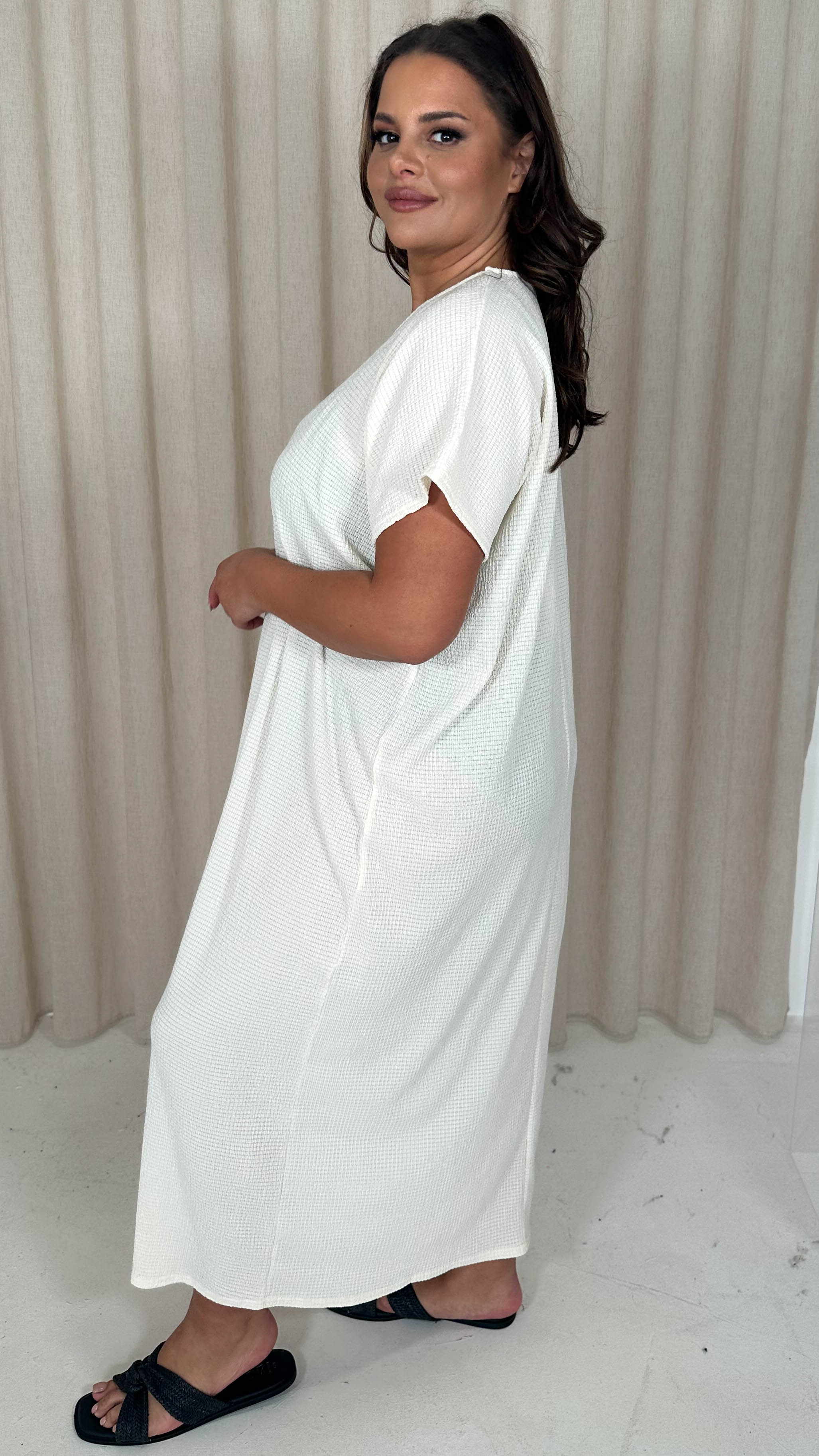 CurveWow Knit Drop Shoulder Maxi T-Shirt Dress Cream - Image 7