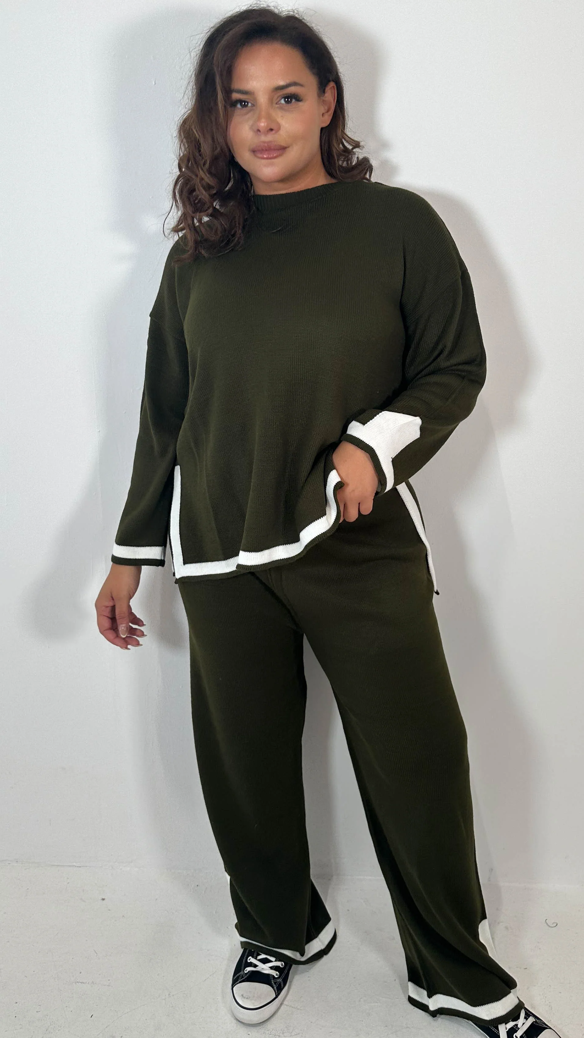 CurveWow Knitted Stripe Hem Co-Ord Khaki - Image 3