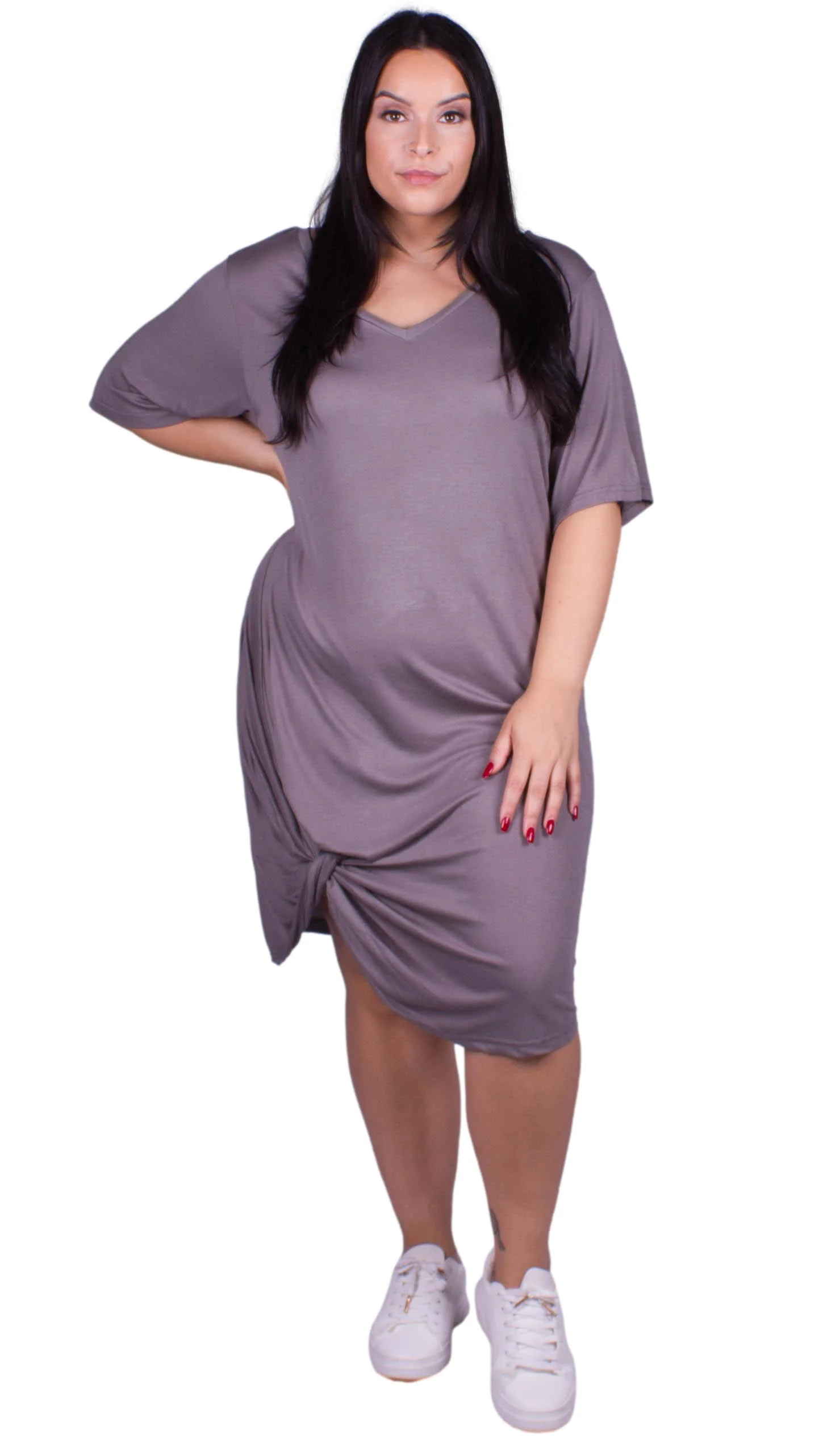 CurveWow Grey Knot T-Shirt Dress - Image 4