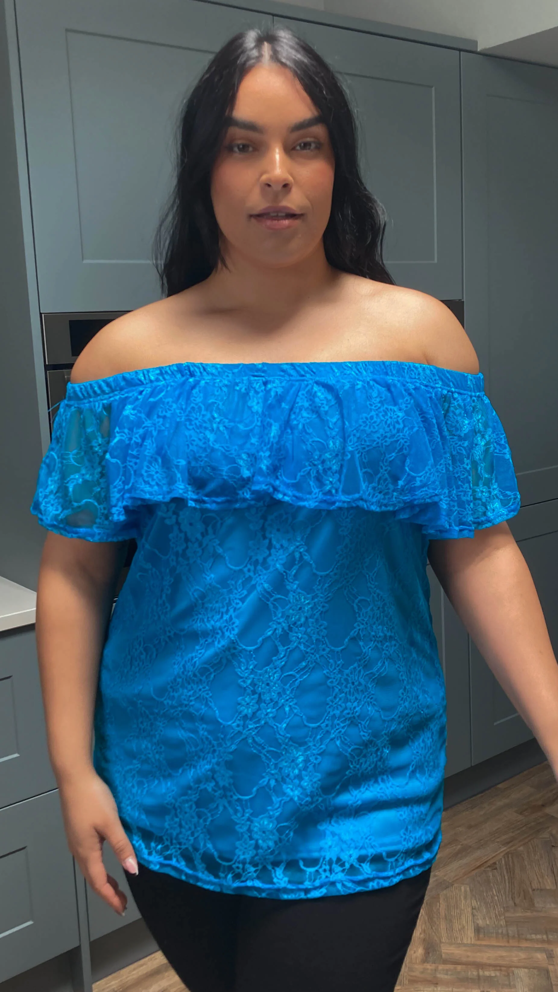 CurveWow Lace Bardot Top Bright Blue - Image 4
