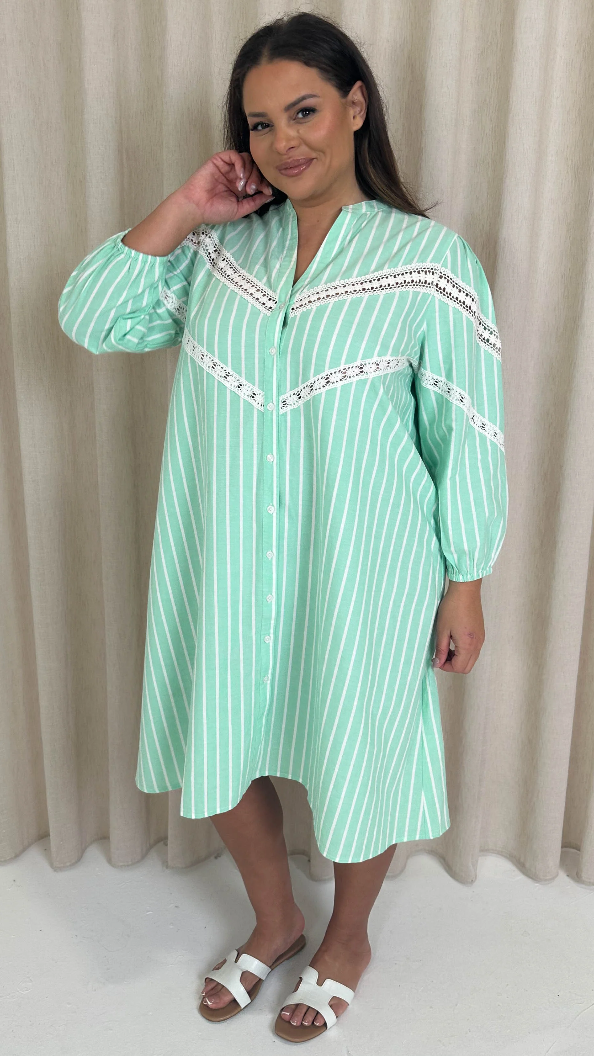 CurveWow Striped Shirt Dress Green Stripe - Image 3