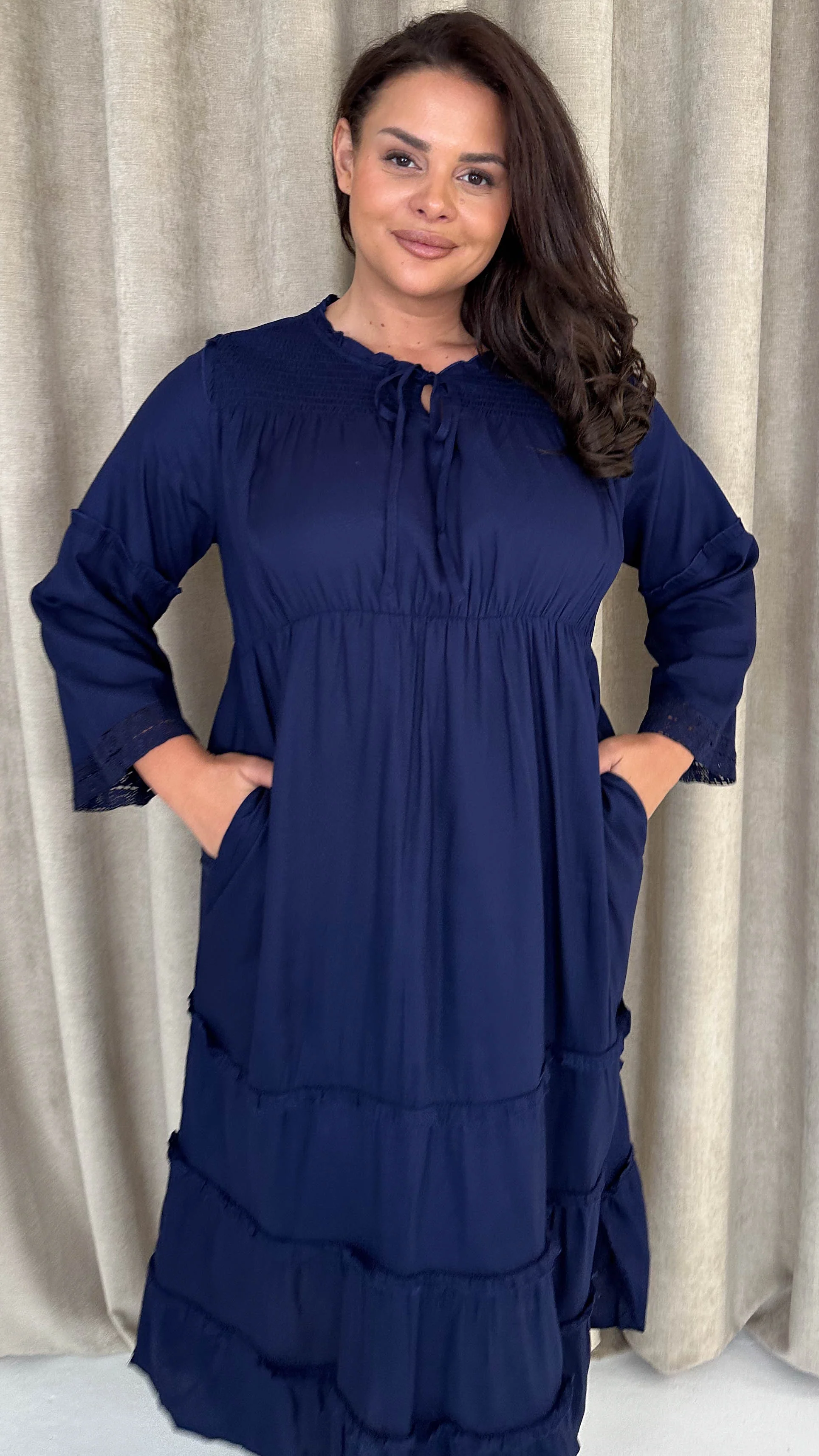 CurveWow Tie Front Tiered Maxi Dress Navy - Image 2