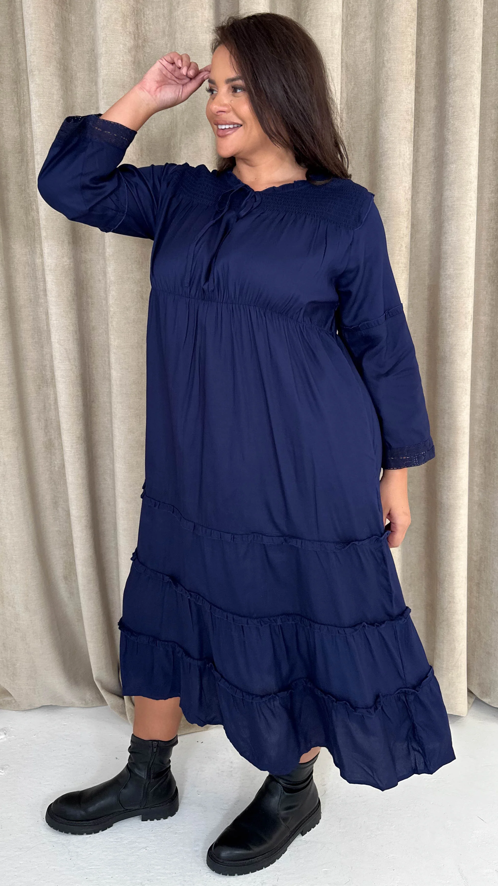 CurveWow Tie Front Tiered Maxi Dress Navy - Image 3