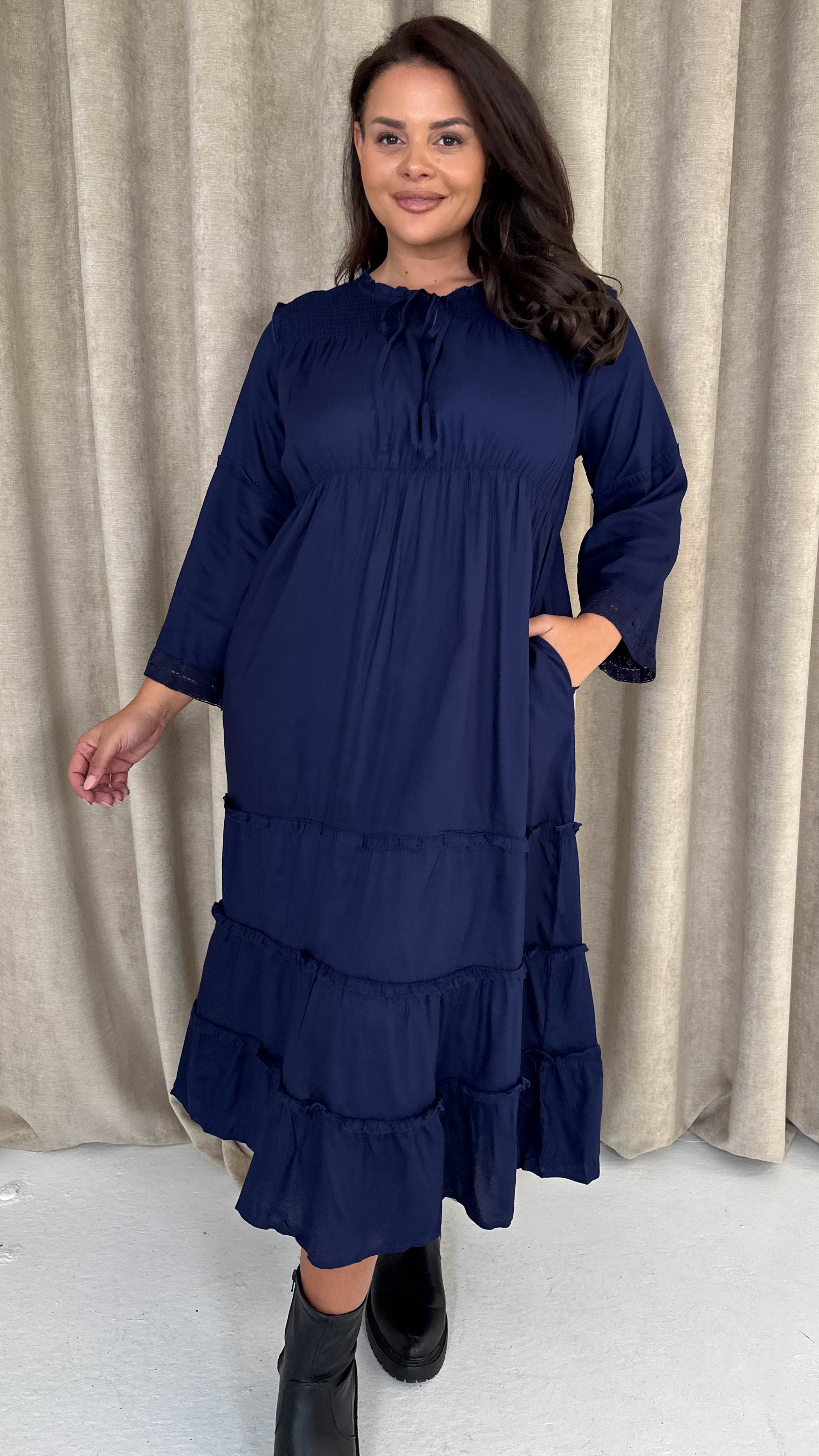 CurveWow Tie Front Tiered Maxi Dress Navy - Image 4