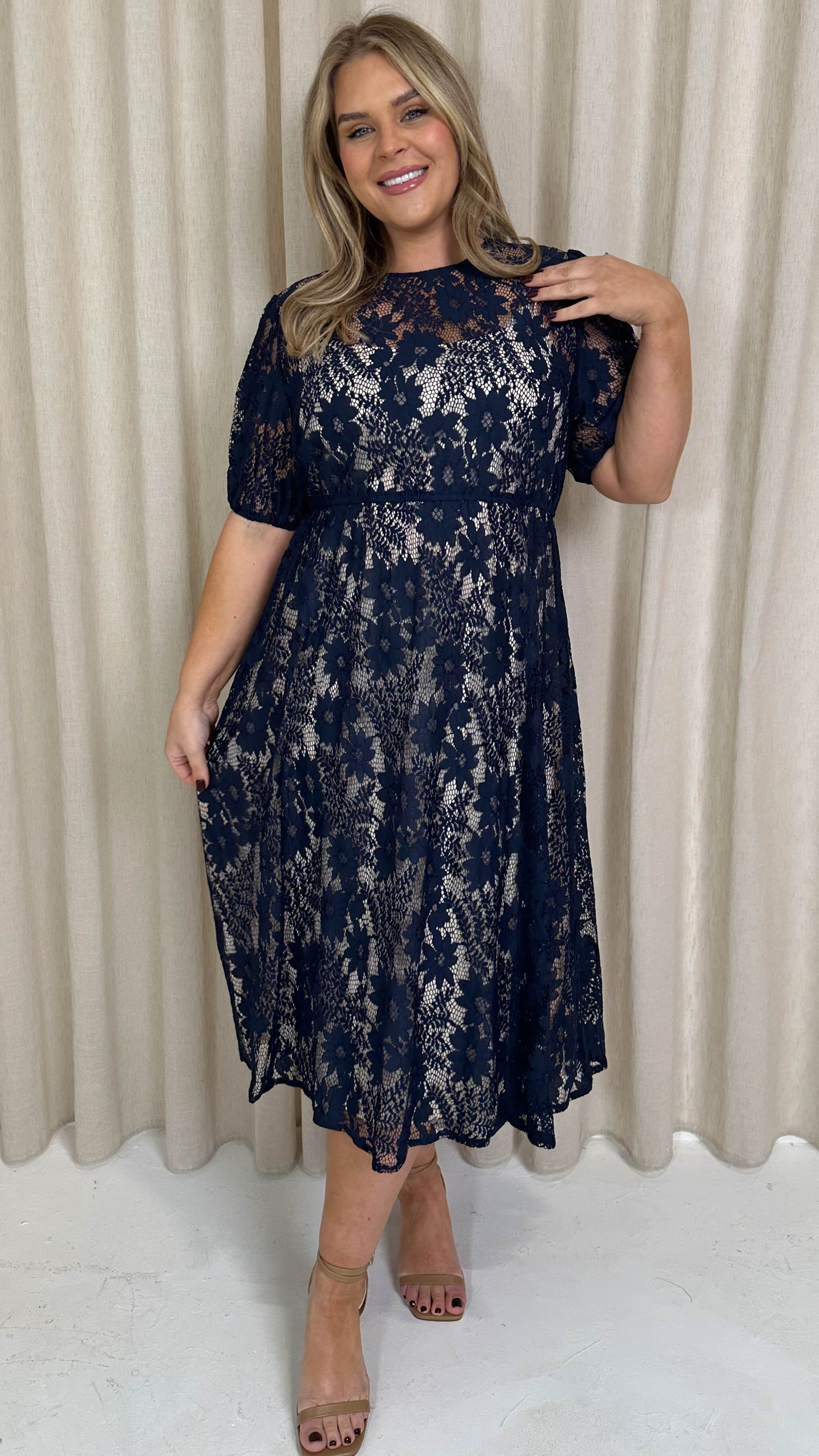 CurveWow Lace Midi Skater Dress Navy - Image 3