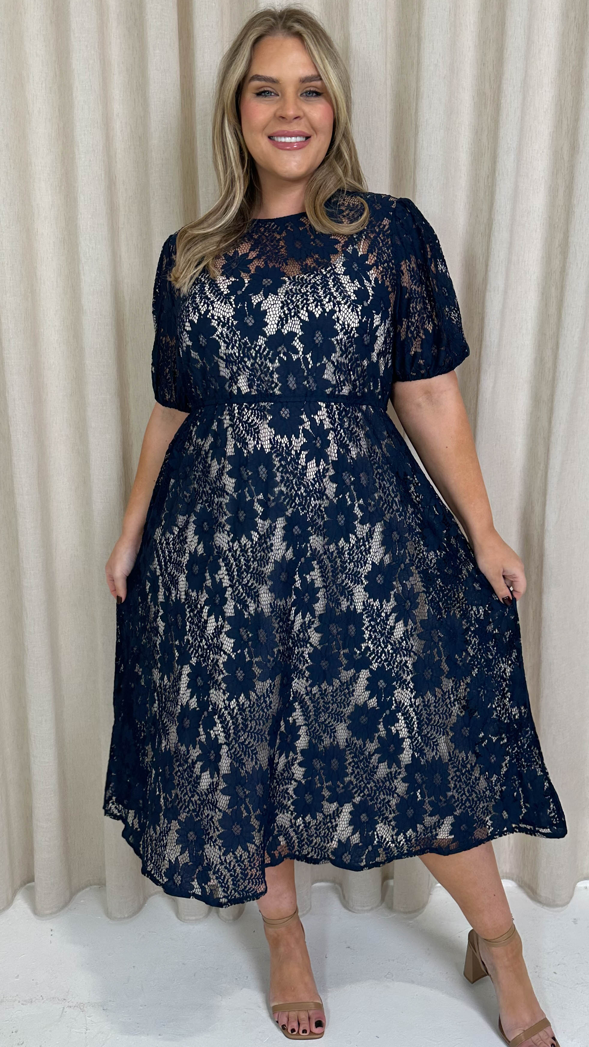 CurveWow Lace Midi Skater Dress Navy - Image 4