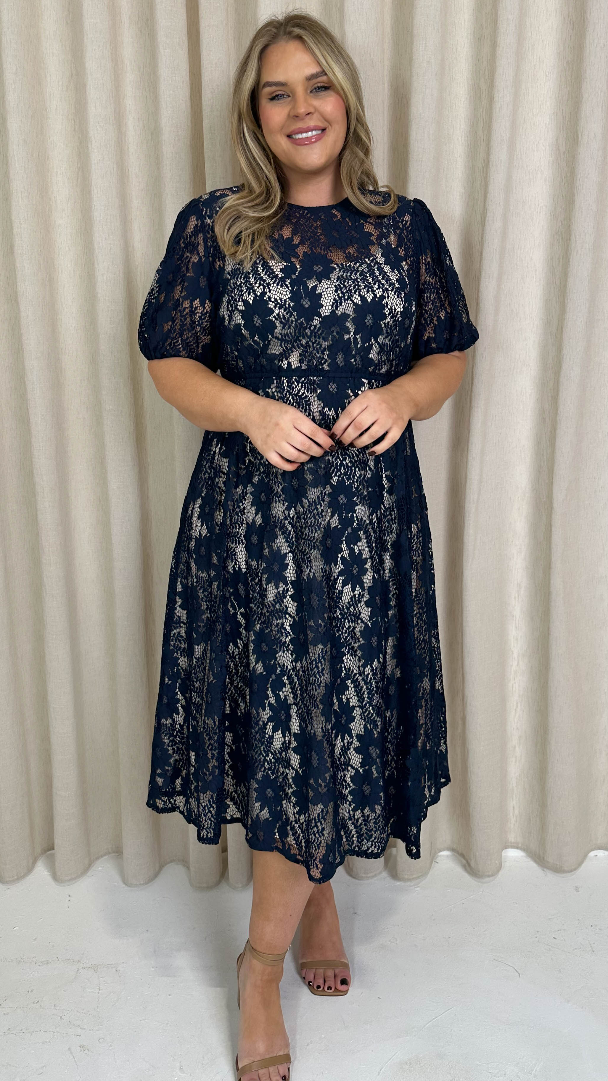 CurveWow Lace Midi Skater Dress Navy - Image 5