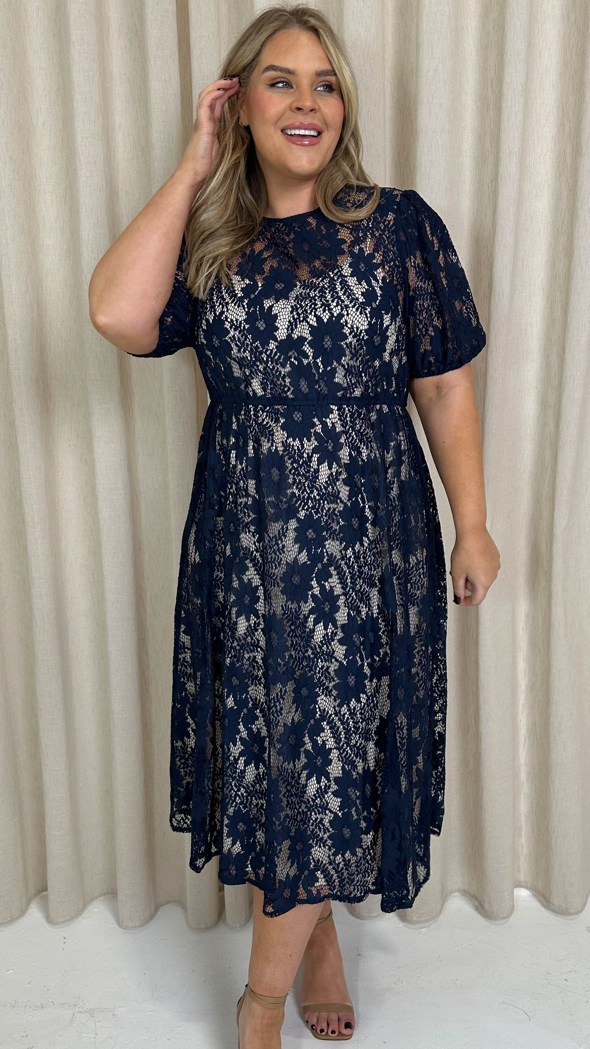 CurveWow Lace Midi Skater Dress Navy - Image 6