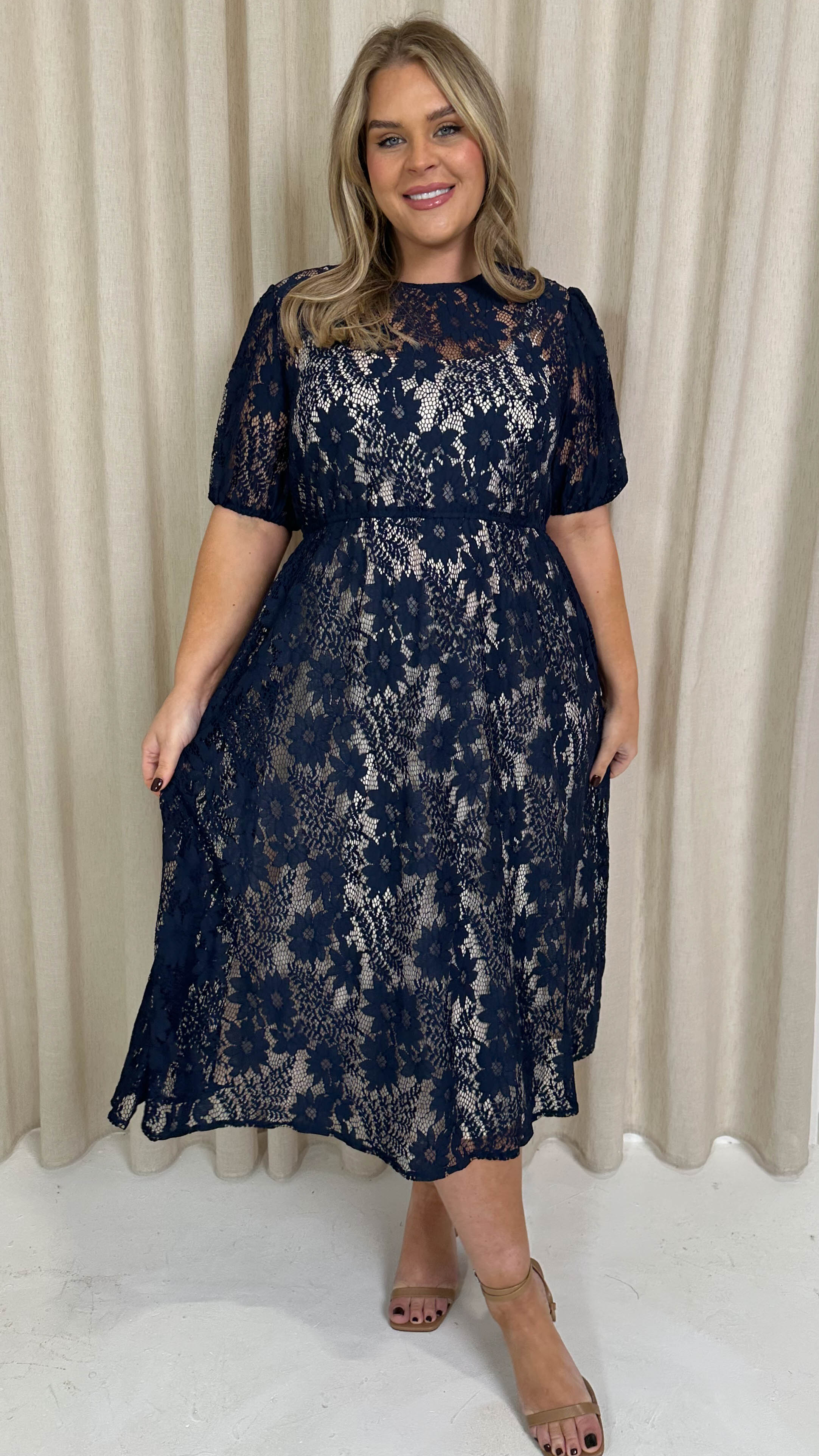 CurveWow Lace Midi Skater Dress Navy - Image 7