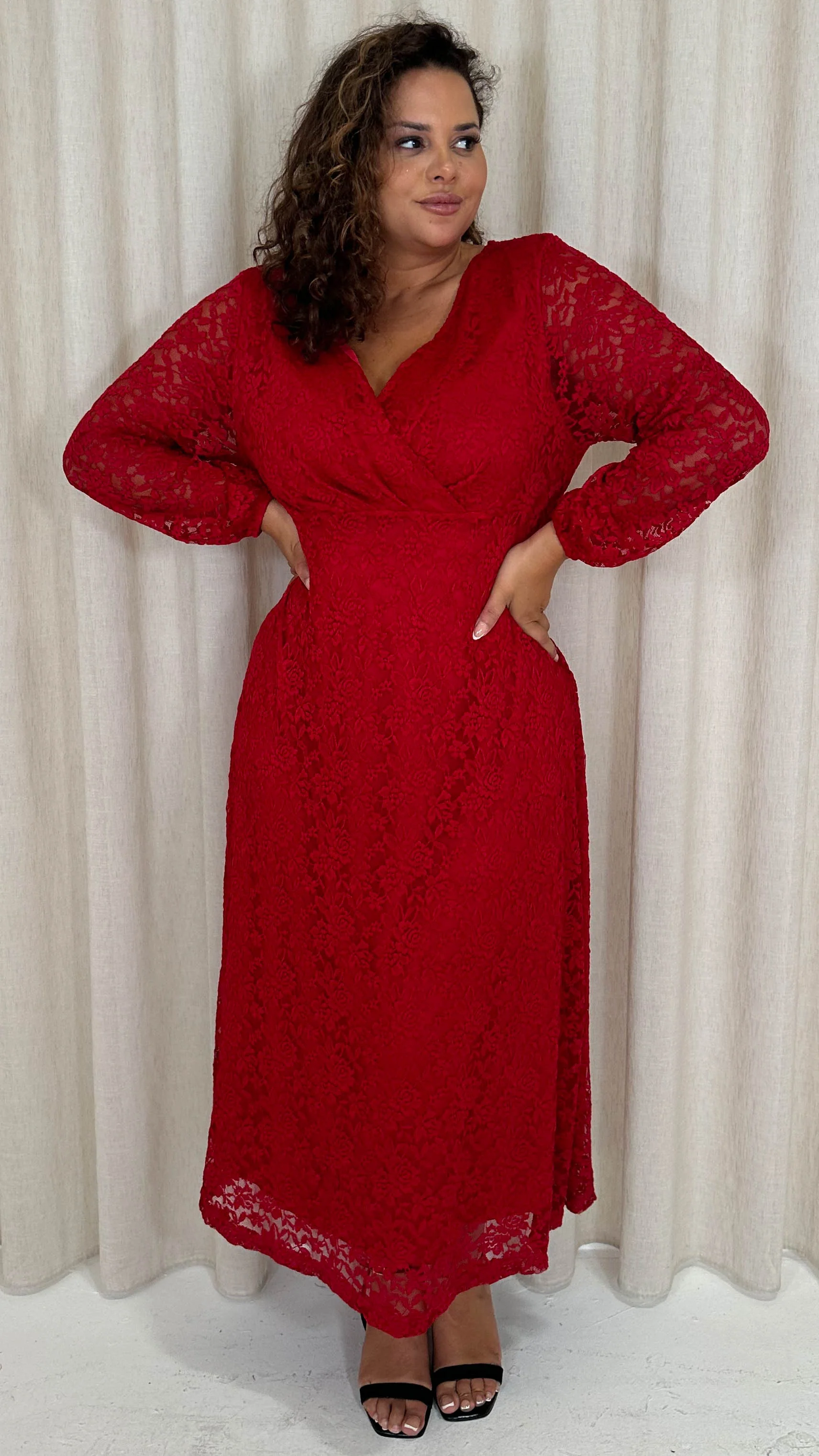 CurveWow Lace Plunge Maxi Dress Red - Image 2