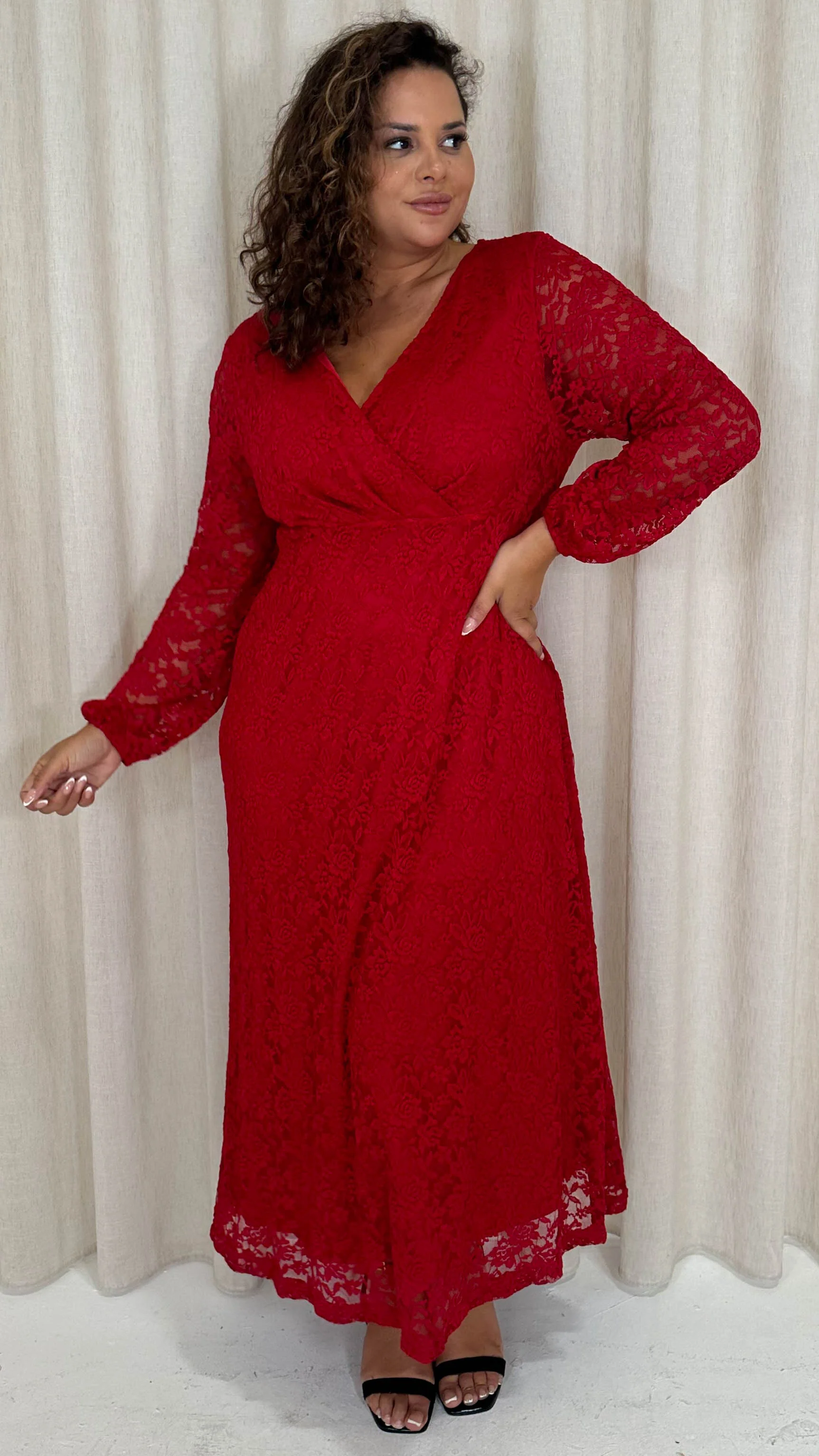 CurveWow Lace Plunge Maxi Dress Red - Image 5