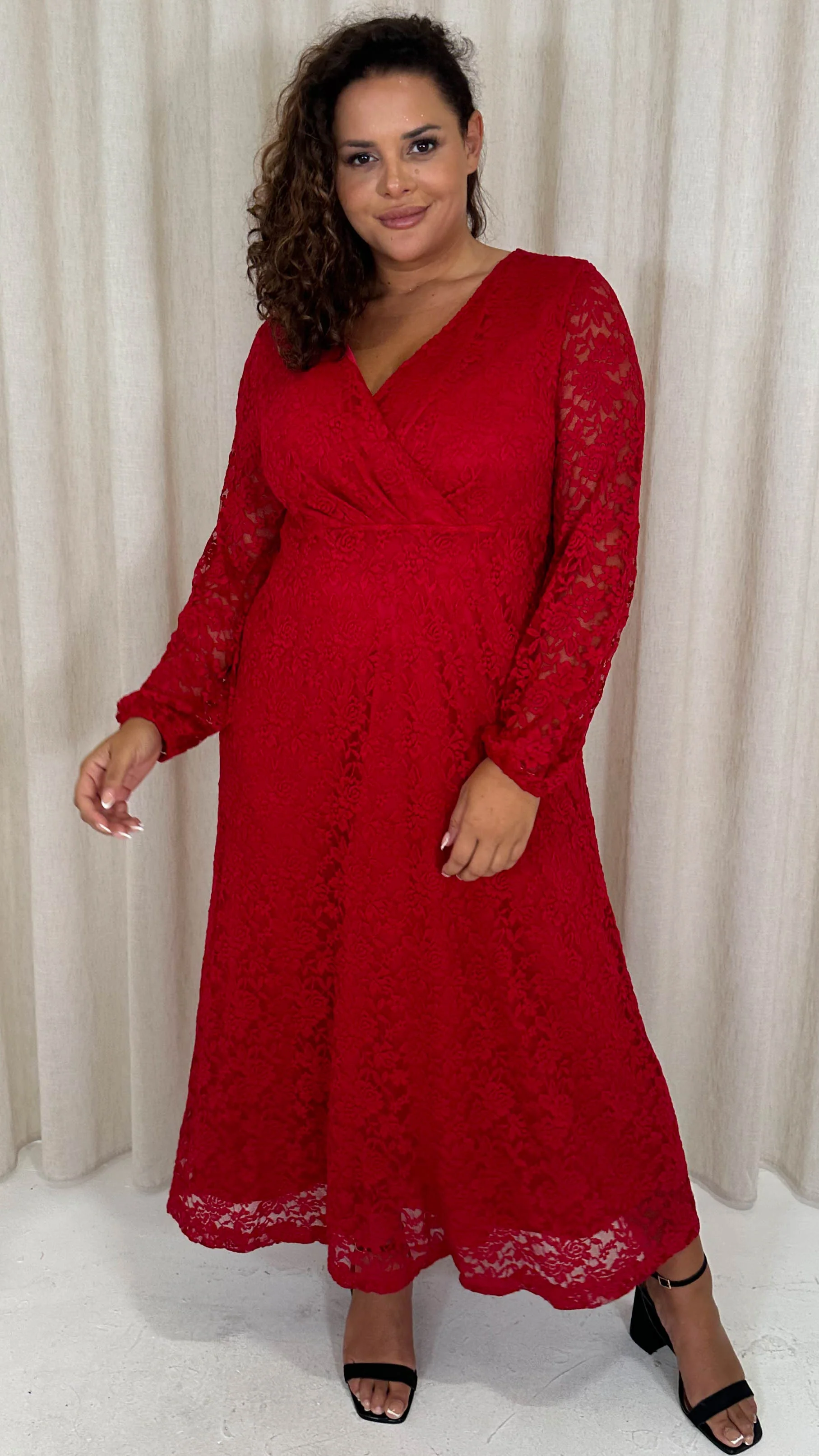 CurveWow Lace Plunge Maxi Dress Red - Image 7
