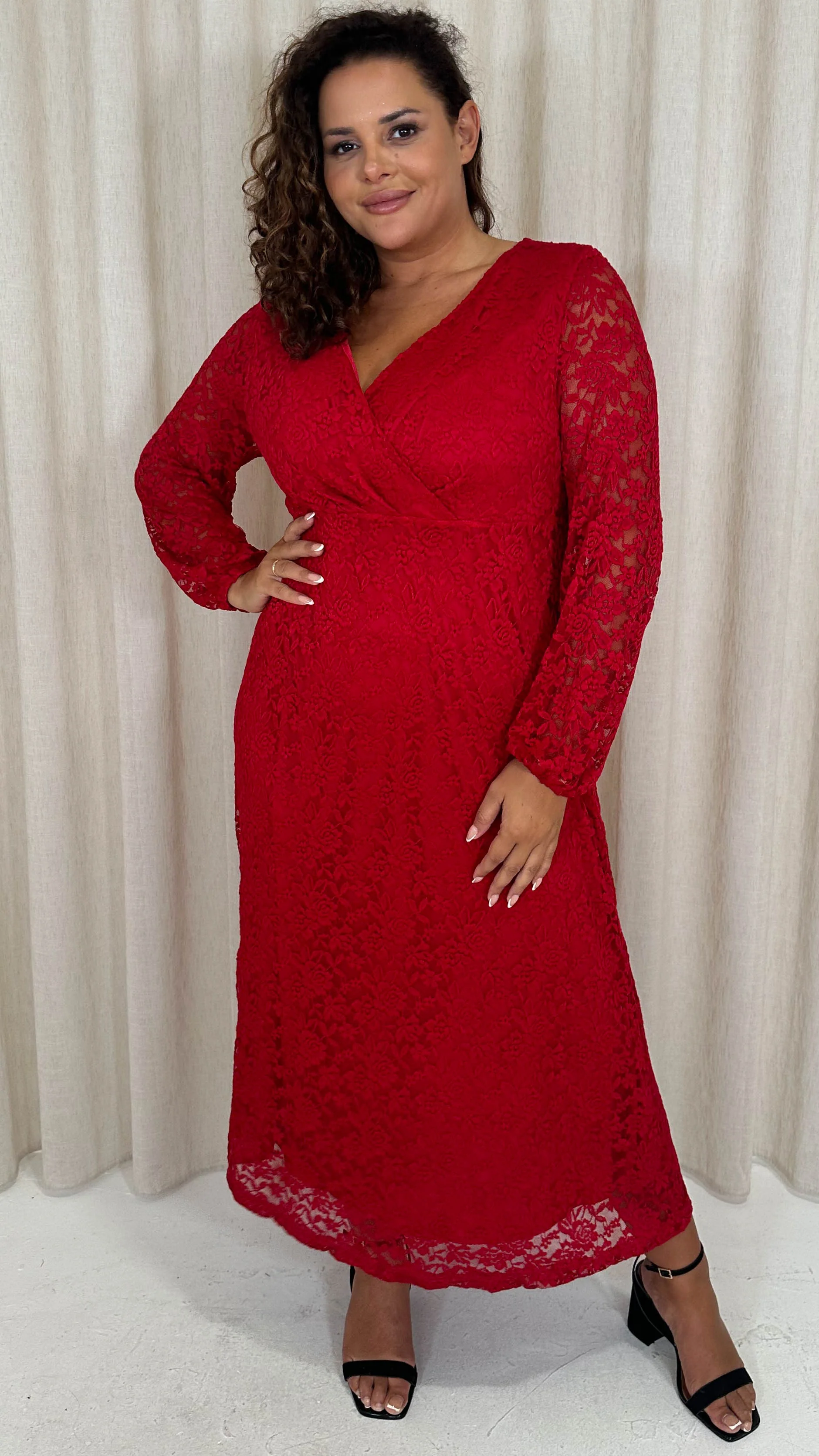 CurveWow Lace Plunge Maxi Dress Red - Image 8