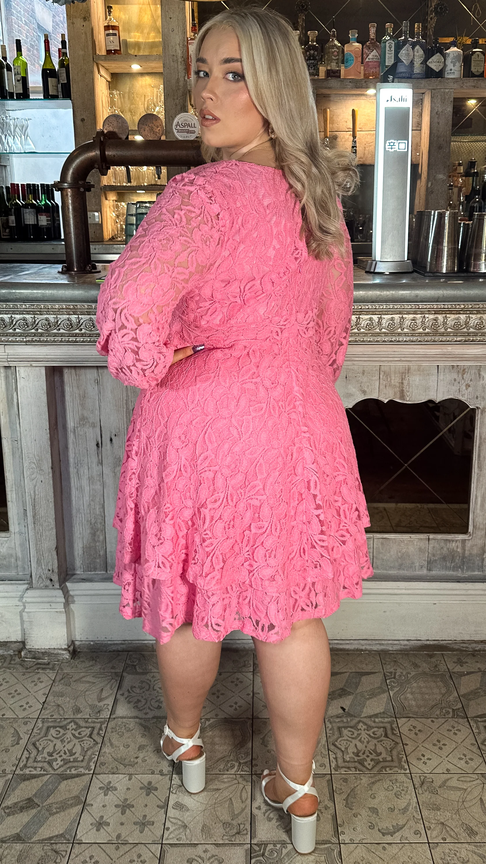 CurveWow Lace Plunge Ruffle Skater Dress Pink - Image 8