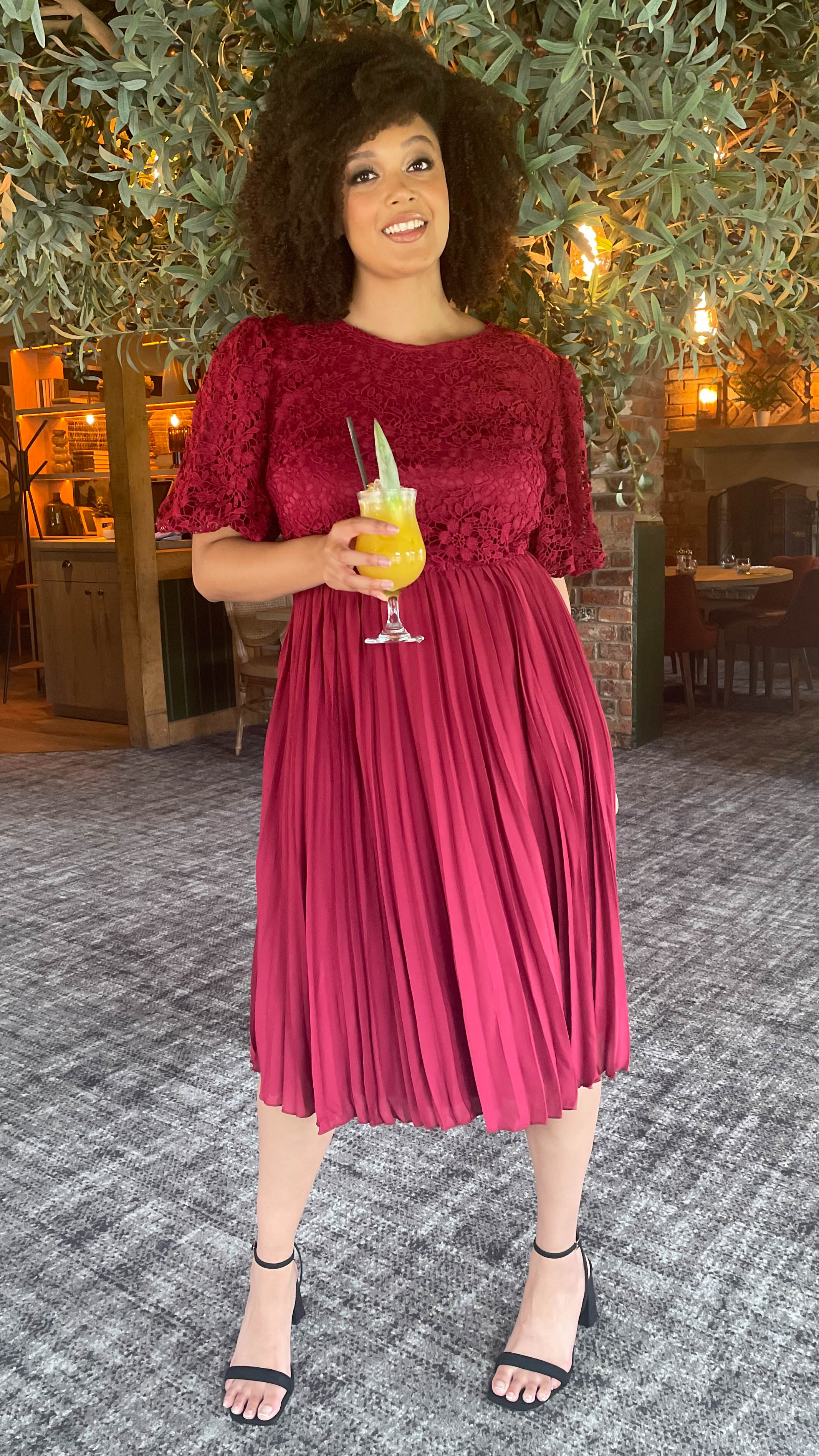 CurveWow Lace Top Pleated Dress Wine - Image 4