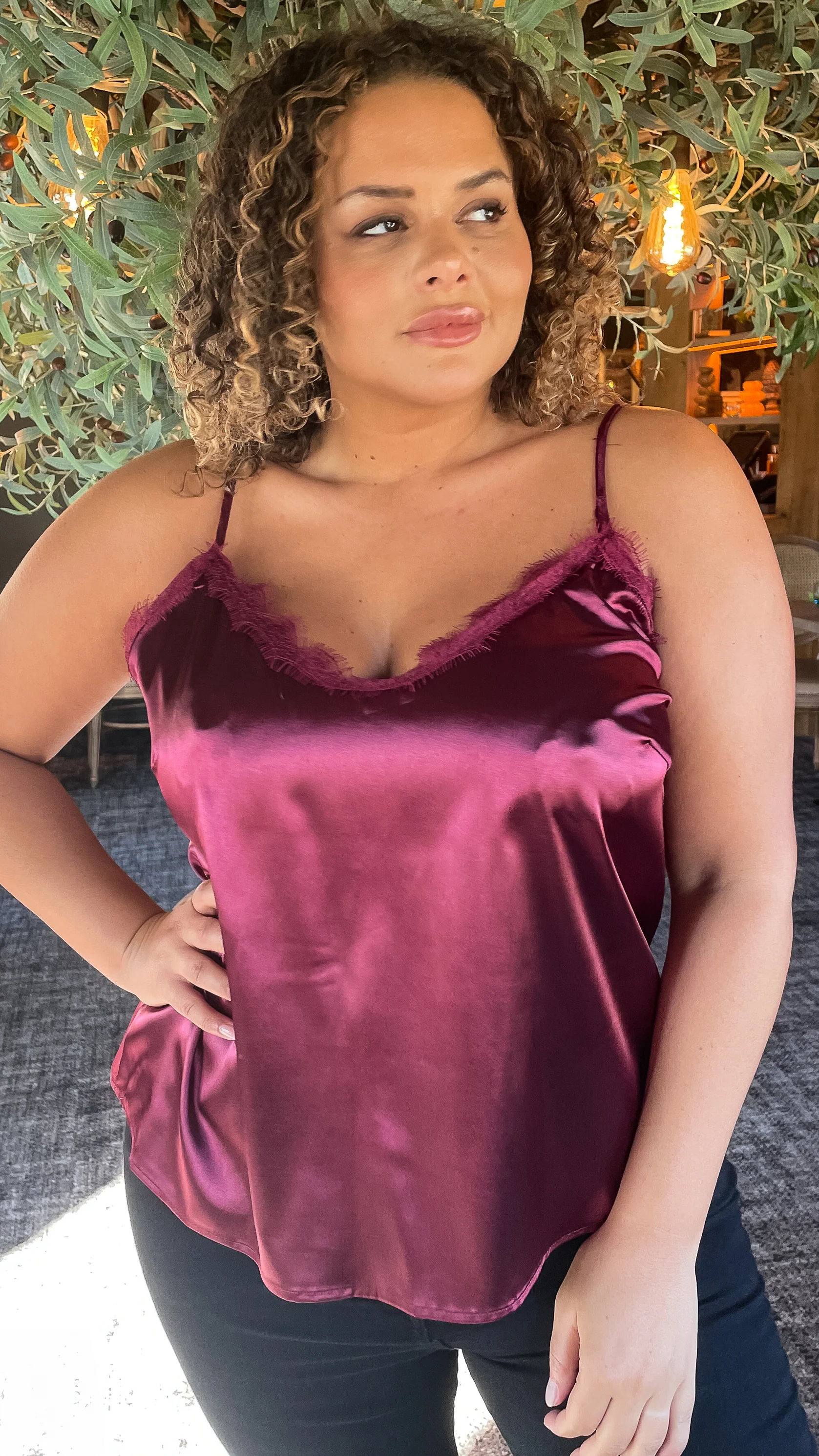 CurveWow Lace Trim Satin Cami Wine - Image 3