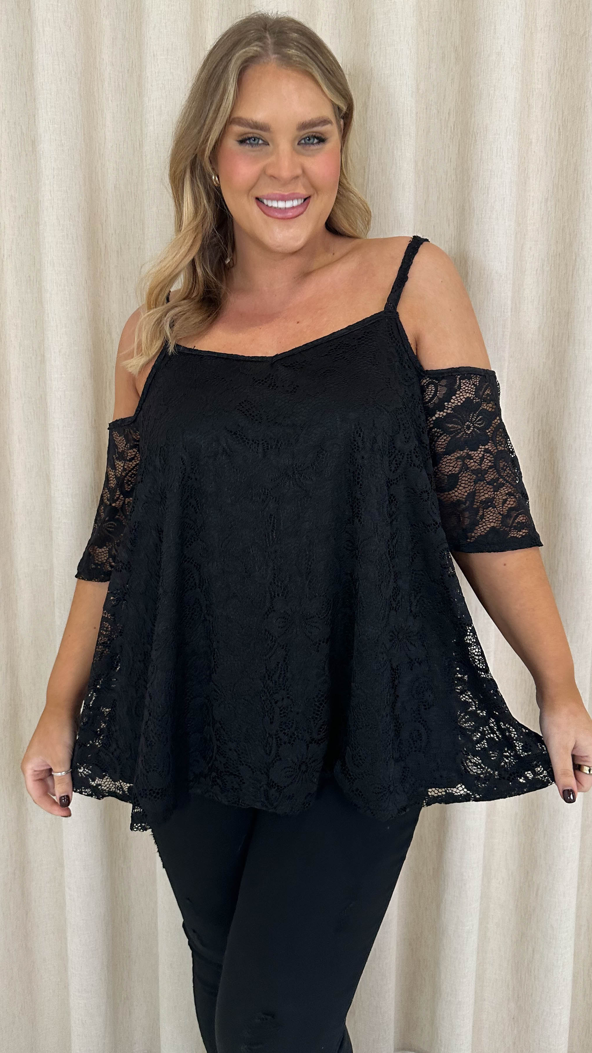 CurveWow Lace Strappy Cold Shoulder Top Black - Image 4