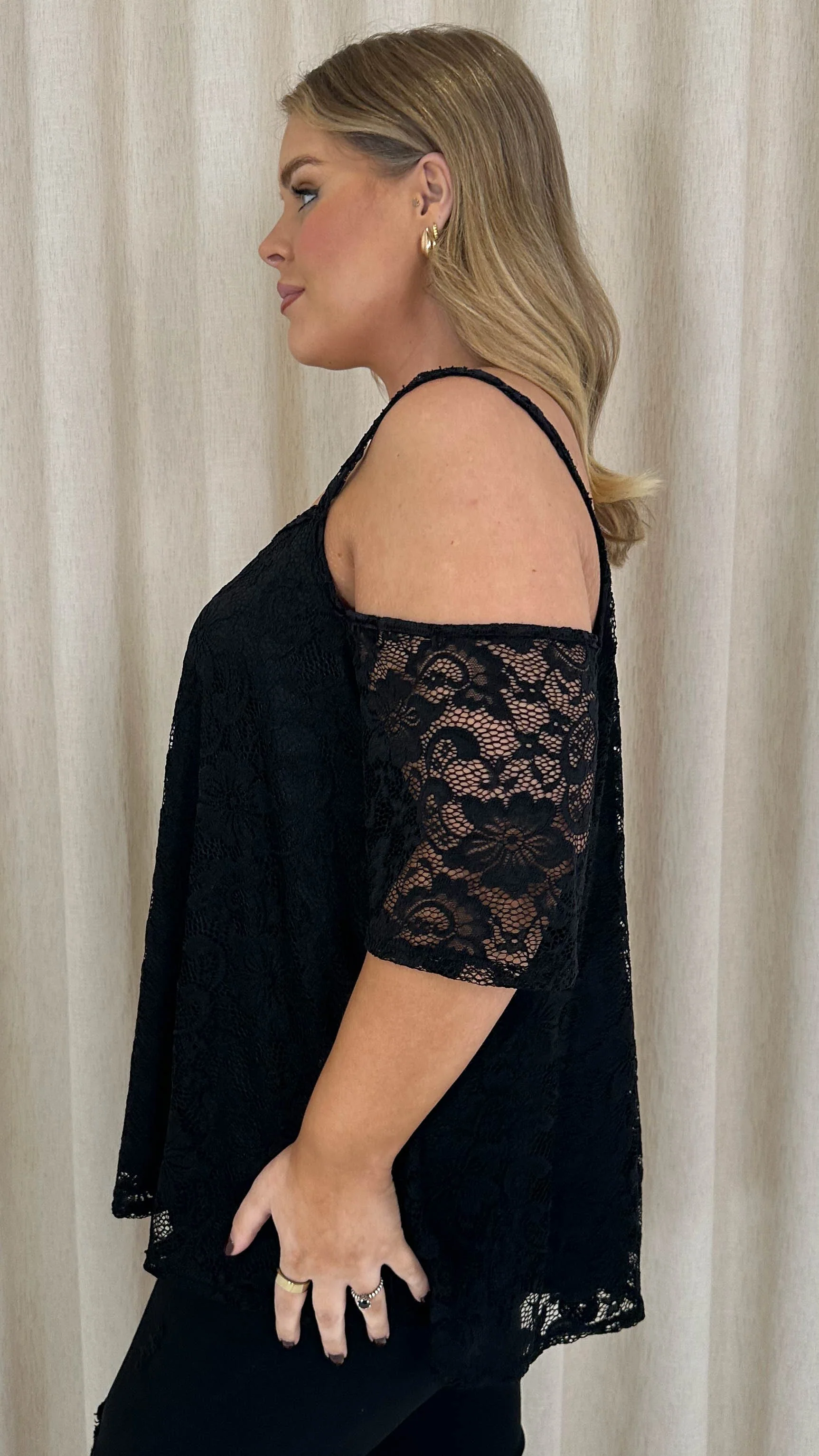 CurveWow Lace Strappy Cold Shoulder Top Black - Image 7