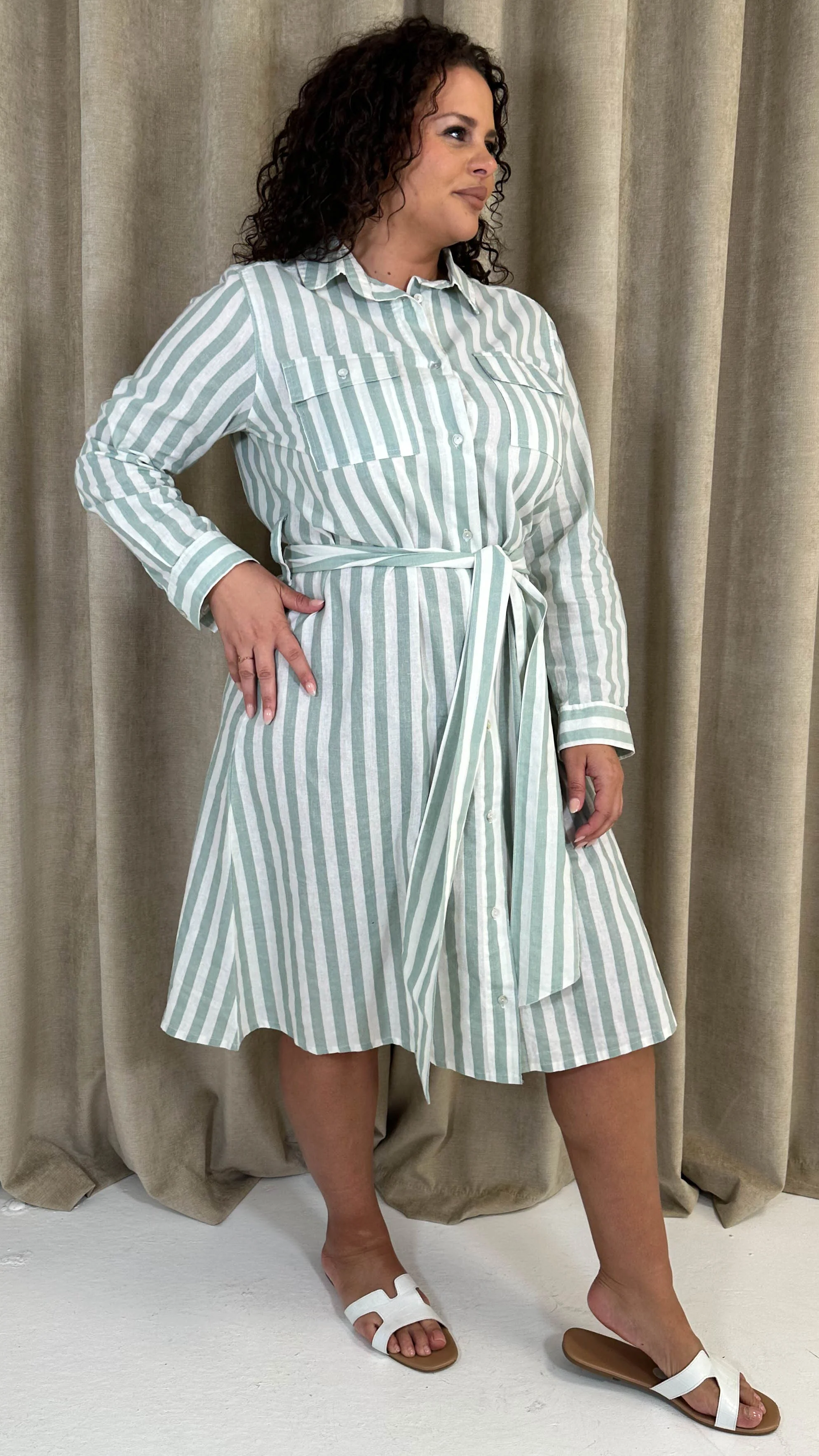 CurveWow Linen Belted Oversized Shirt Dress Green/White Stripe - Image 4