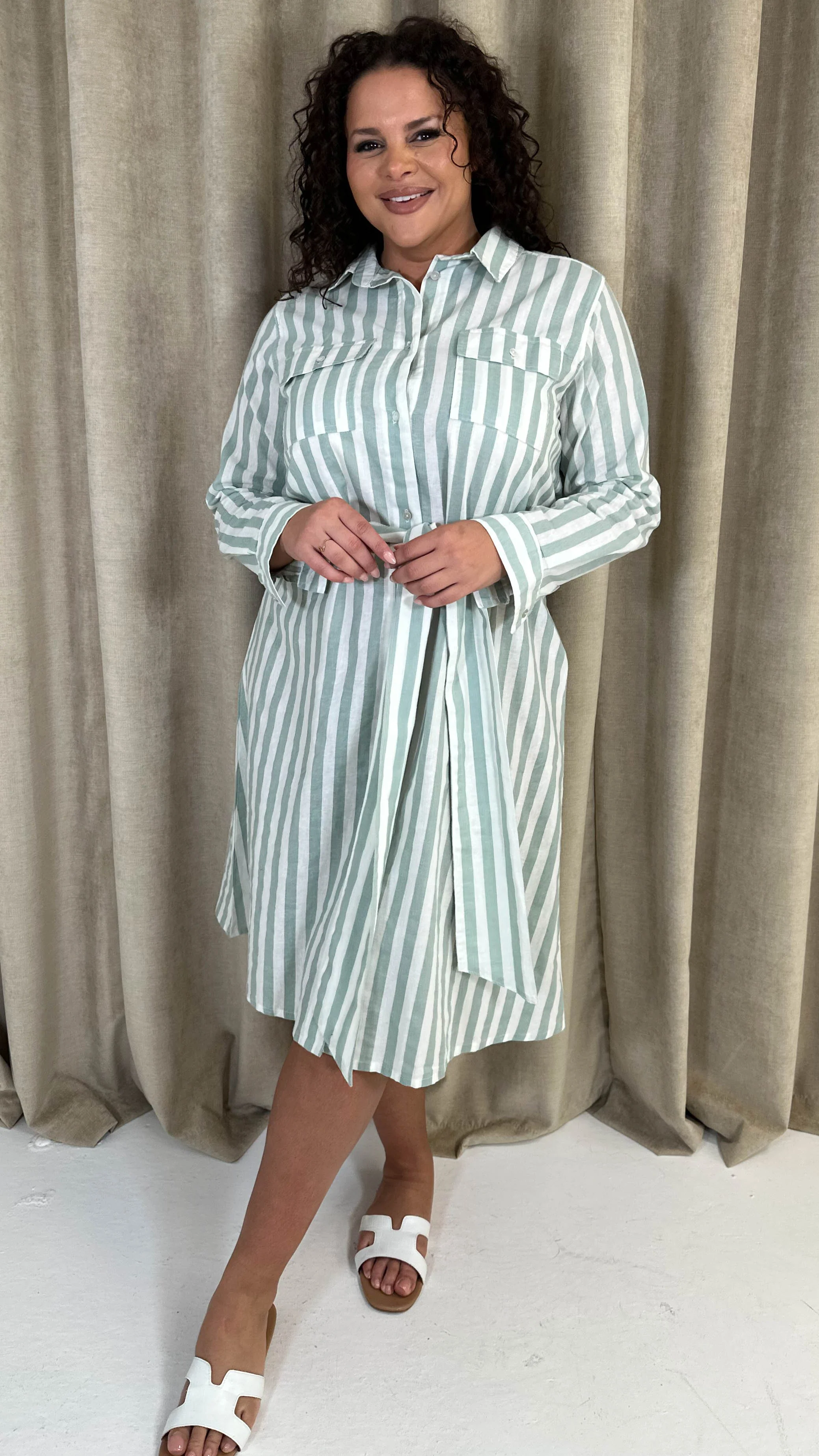 CurveWow Linen Belted Oversized Shirt Dress Green/White Stripe - Image 5
