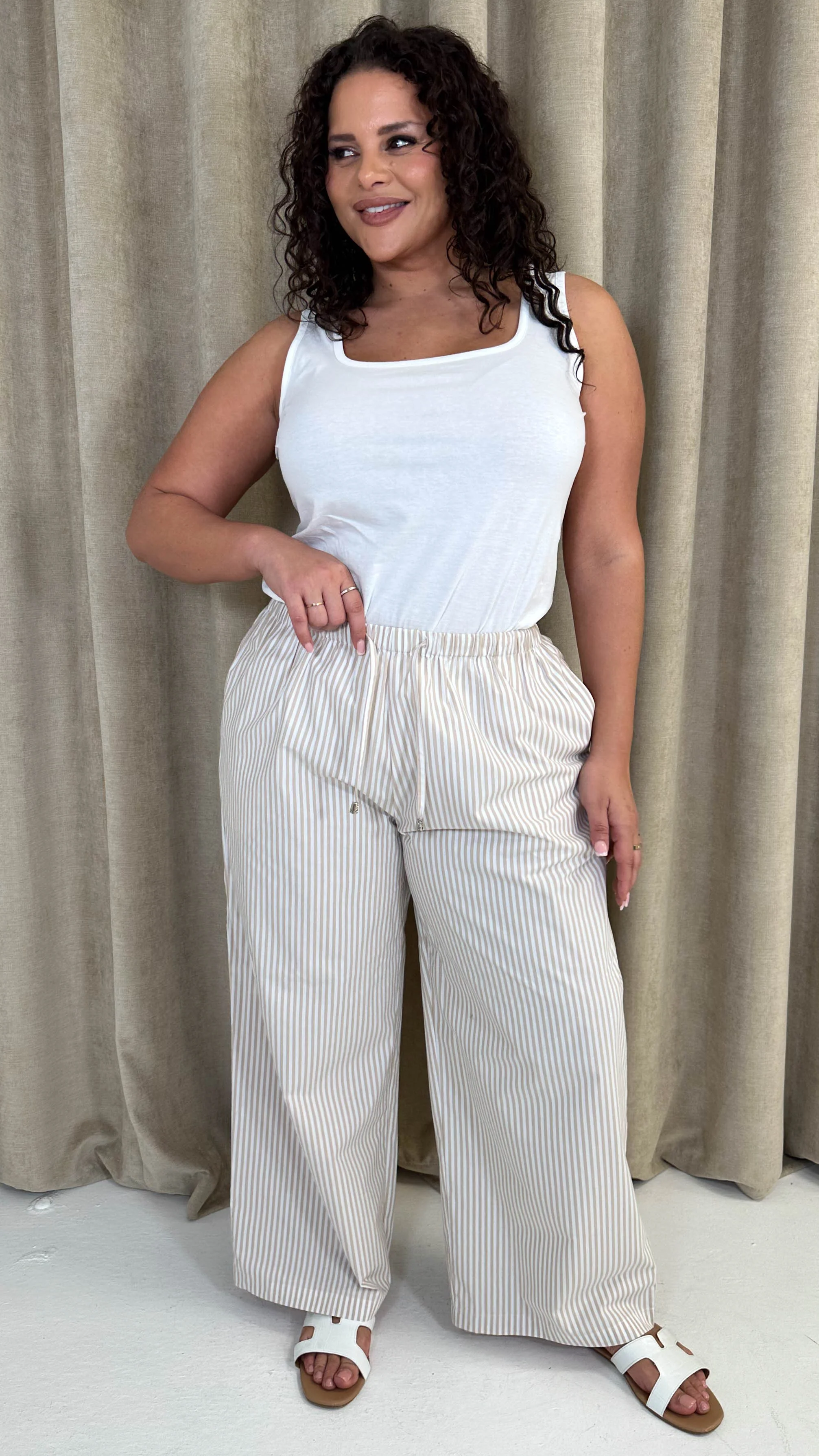 CurveWow Linen Stripe Wide Leg Trousers Sand - Image 2
