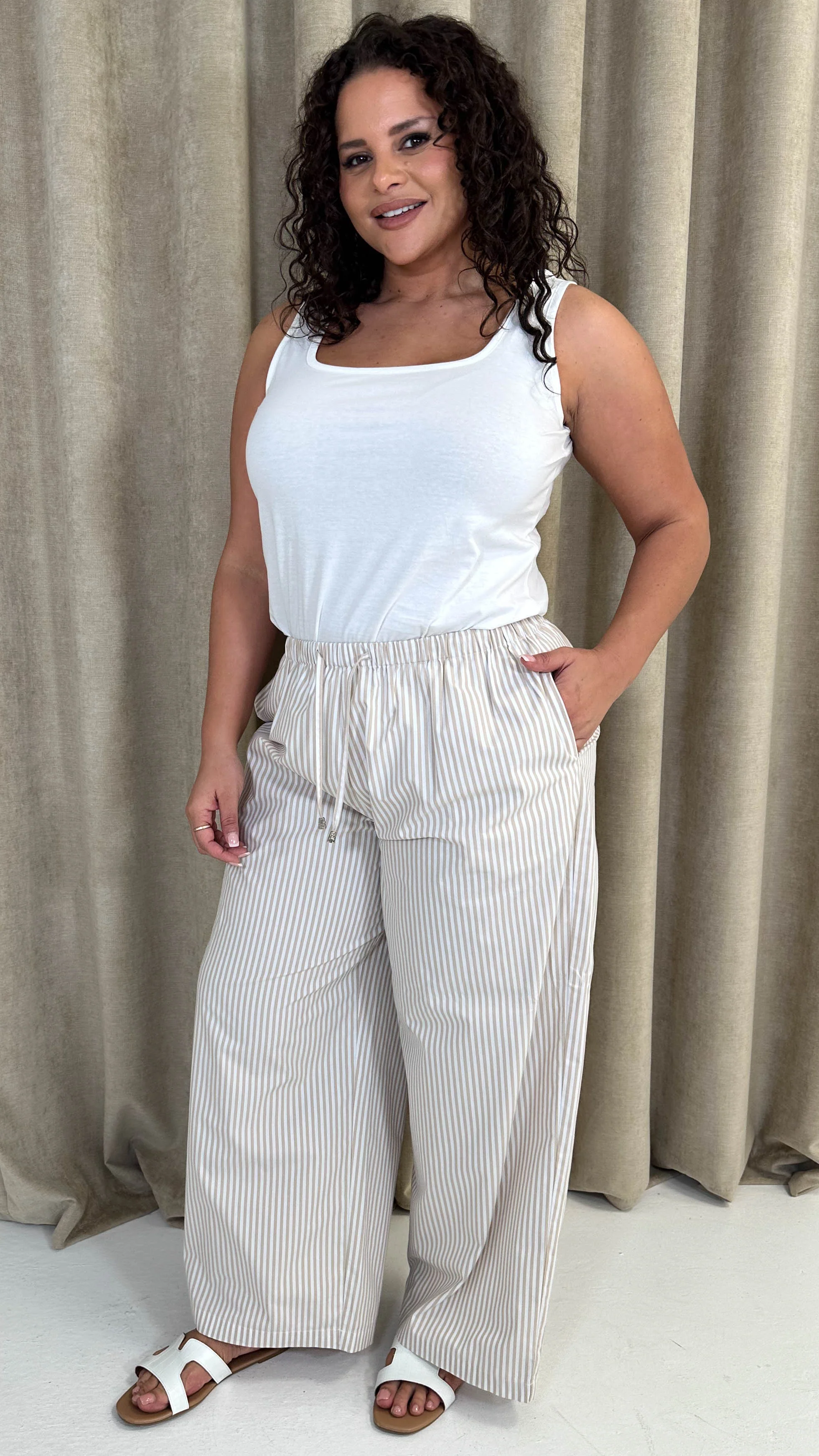 CurveWow Linen Stripe Wide Leg Trousers Sand - Image 3