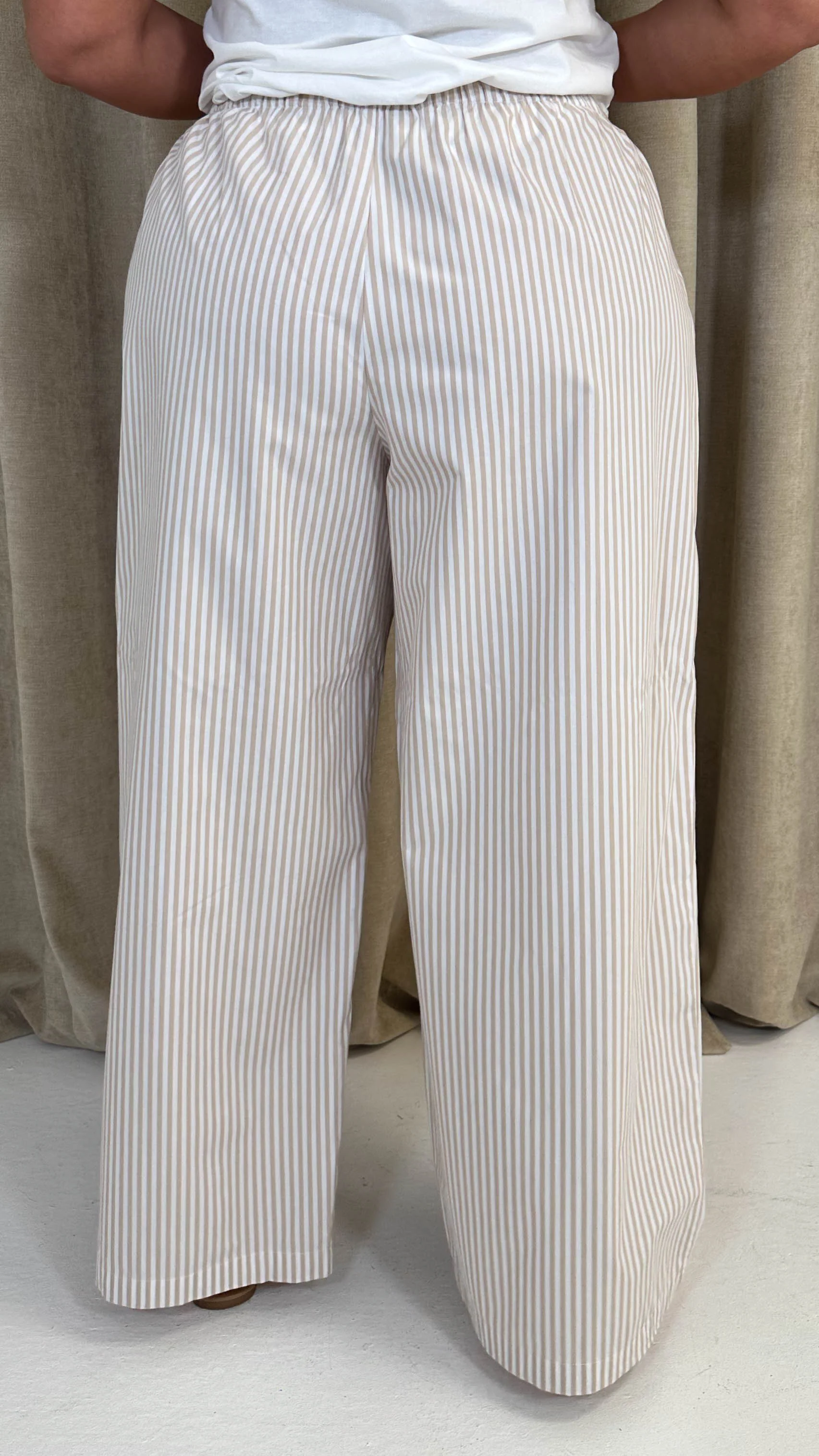 CurveWow Linen Stripe Wide Leg Trousers Sand - Image 6