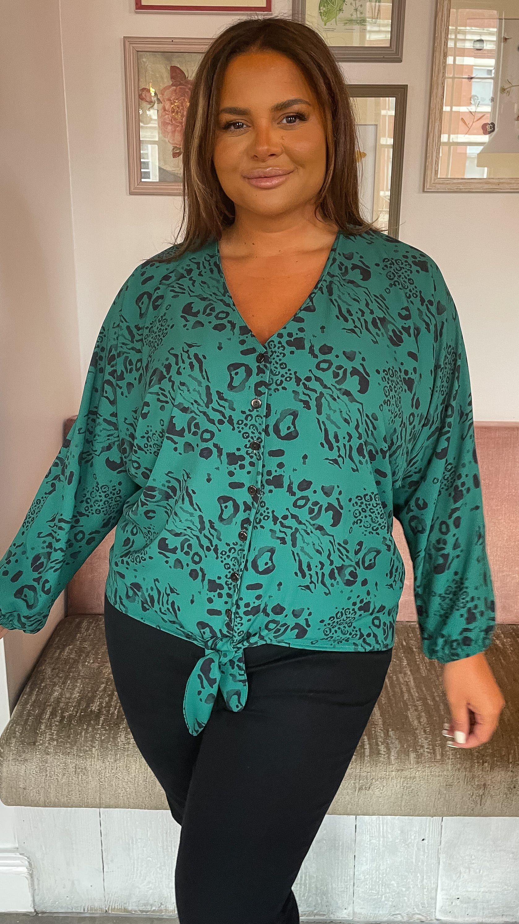 CurveWow Long Sleeve Tie Front Shirt Green Leopard - Image 4