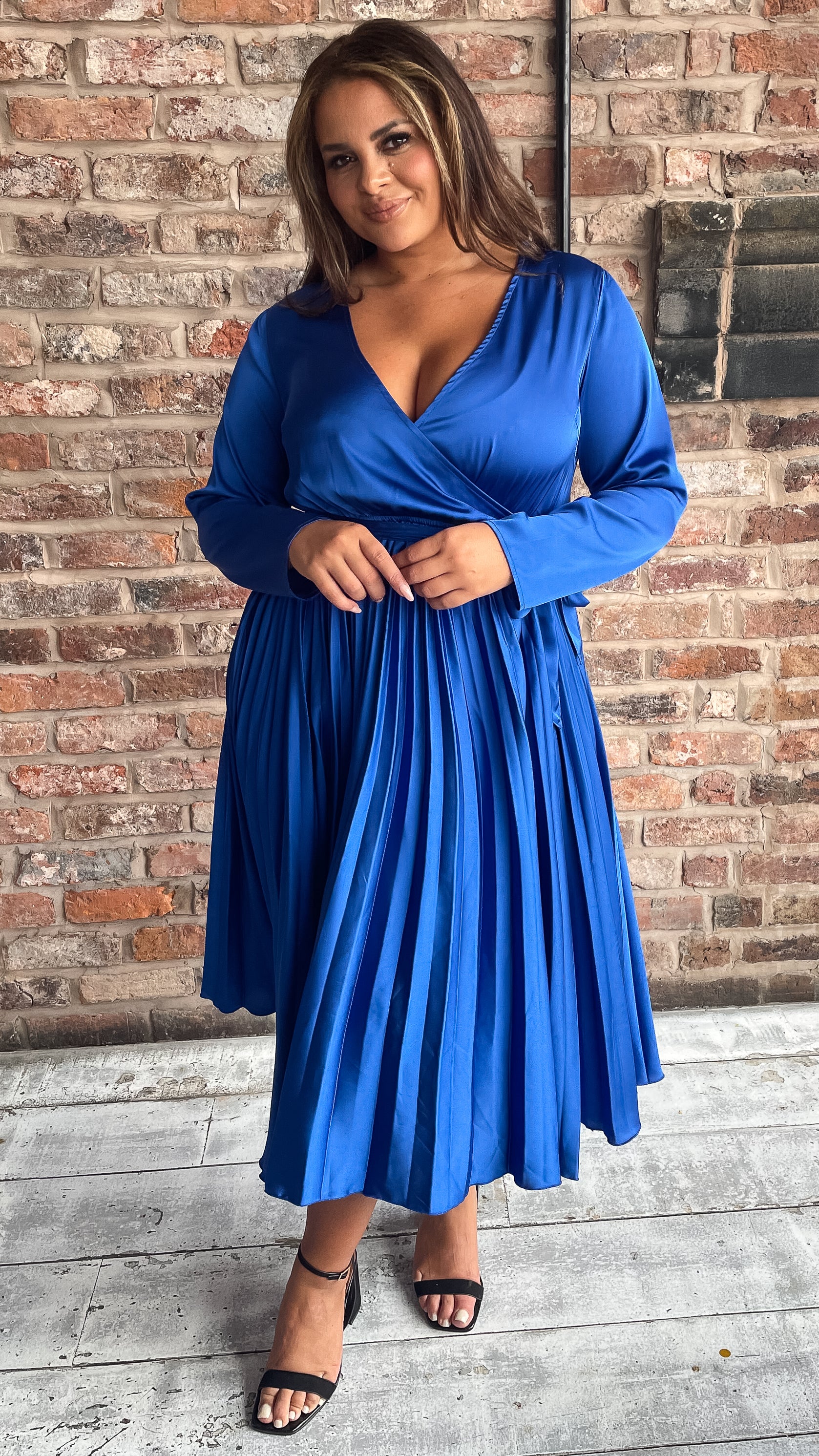 CurveWow Long Sleeve Pleated Wrap Dress Cobalt Blue - Image 5
