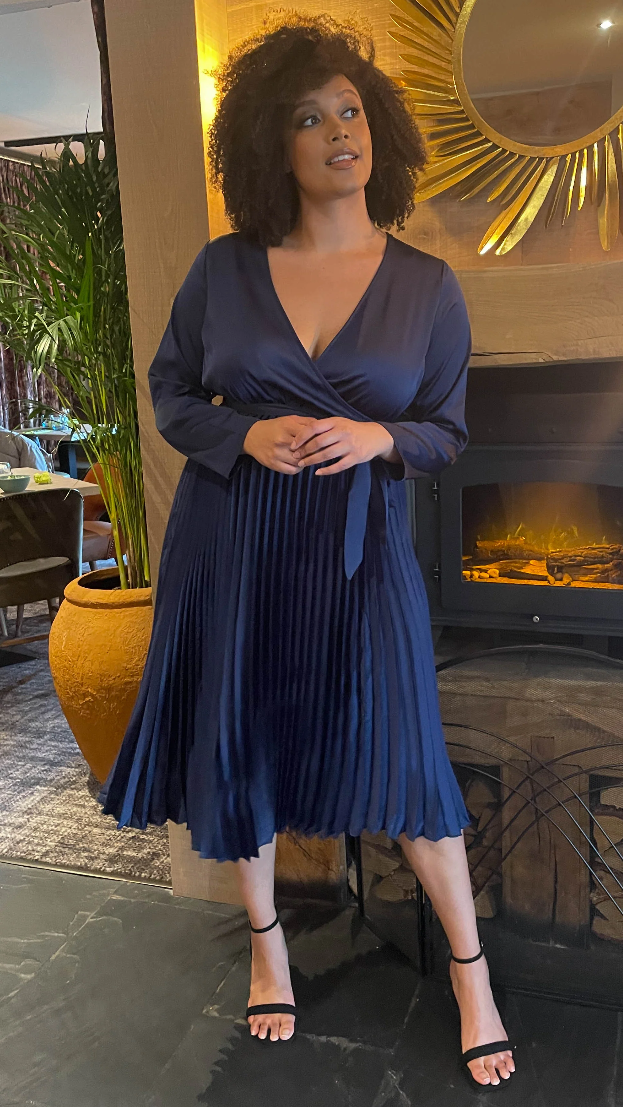CurveWow Long Sleeve Pleated Wrap Dress Navy - Image 5