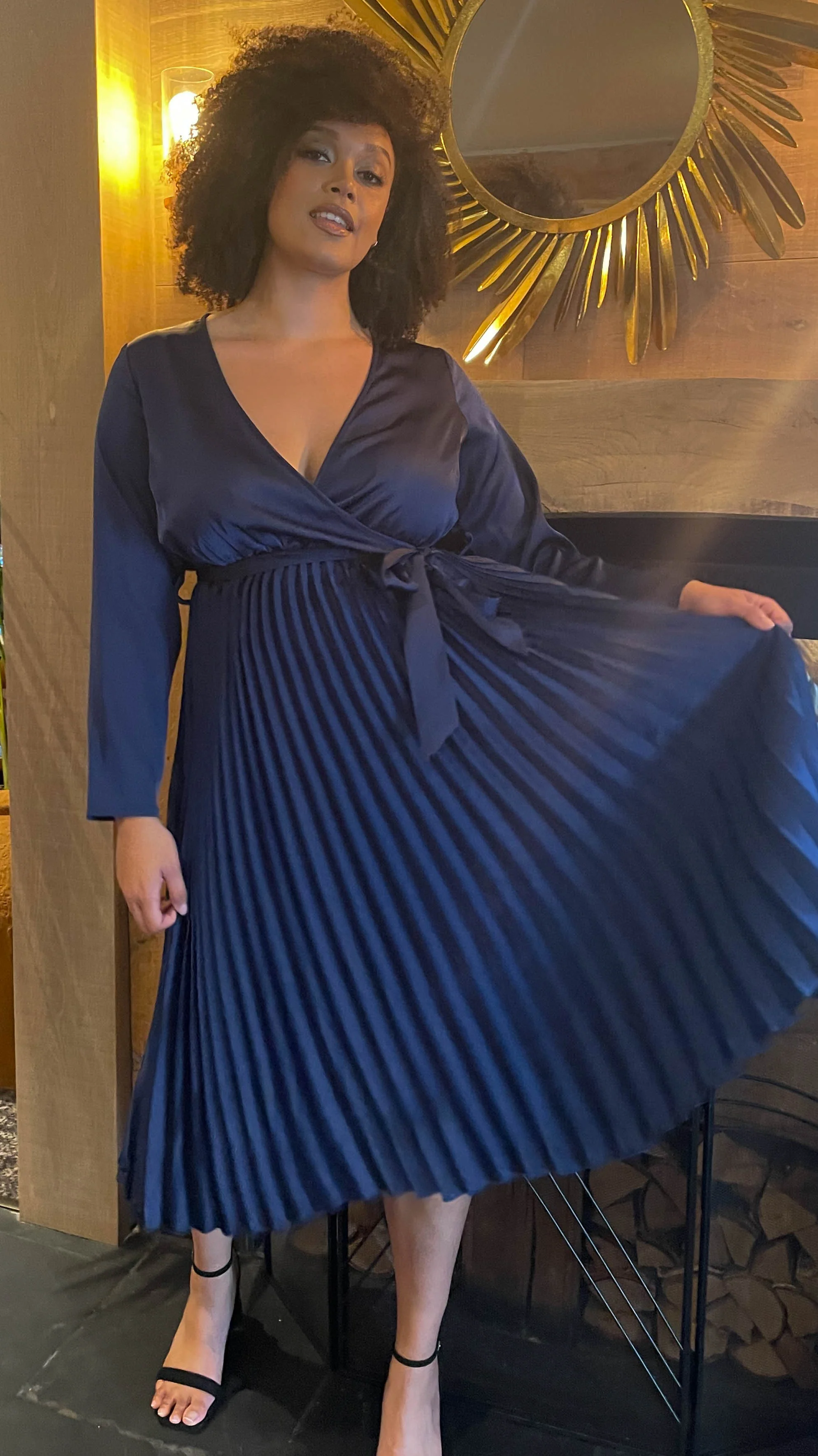 CurveWow Long Sleeve Pleated Wrap Dress Navy - Image 6