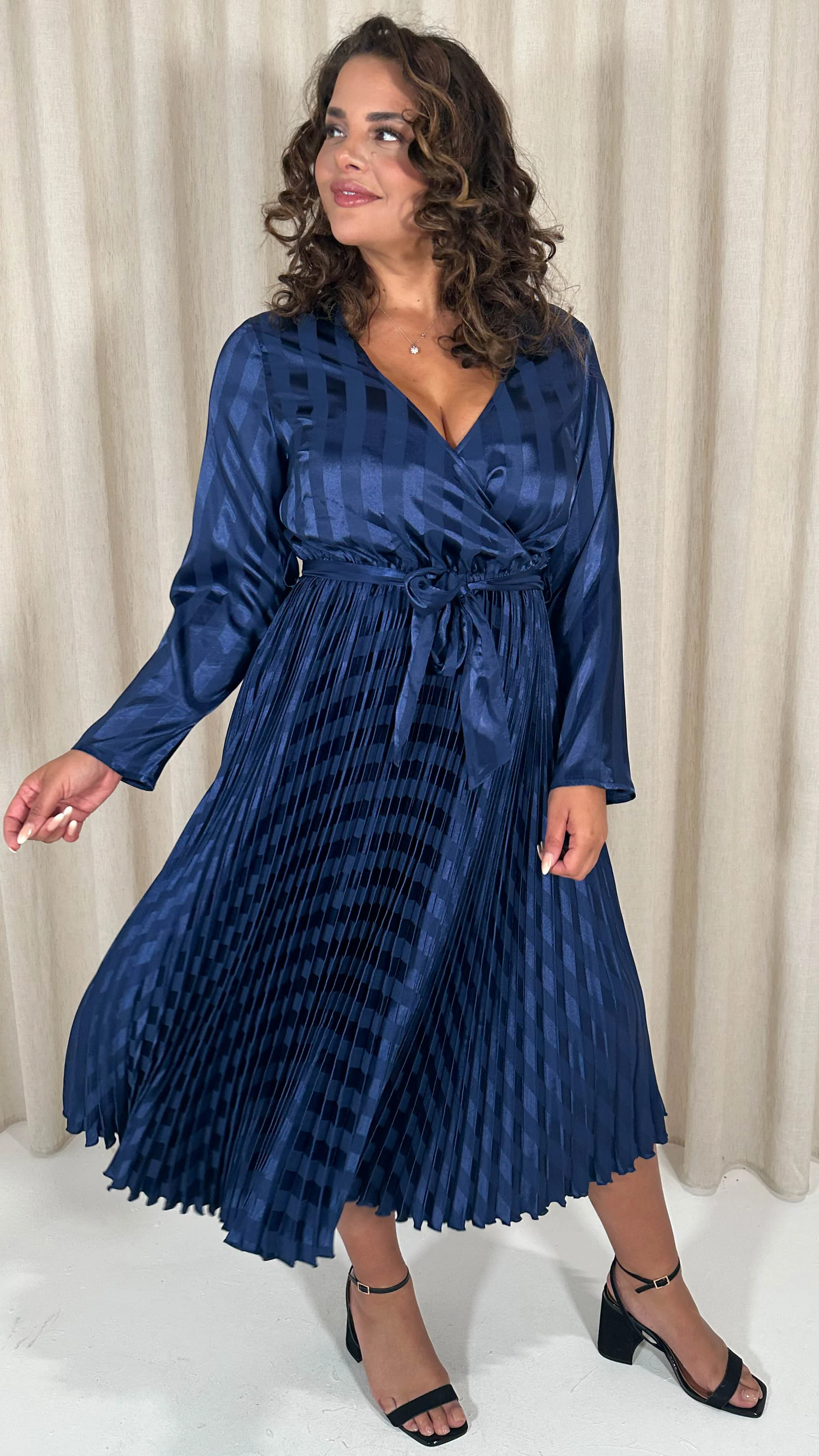 CurveWow Long Sleeve Pleated Wrap Dress Navy Stripe - Image 4