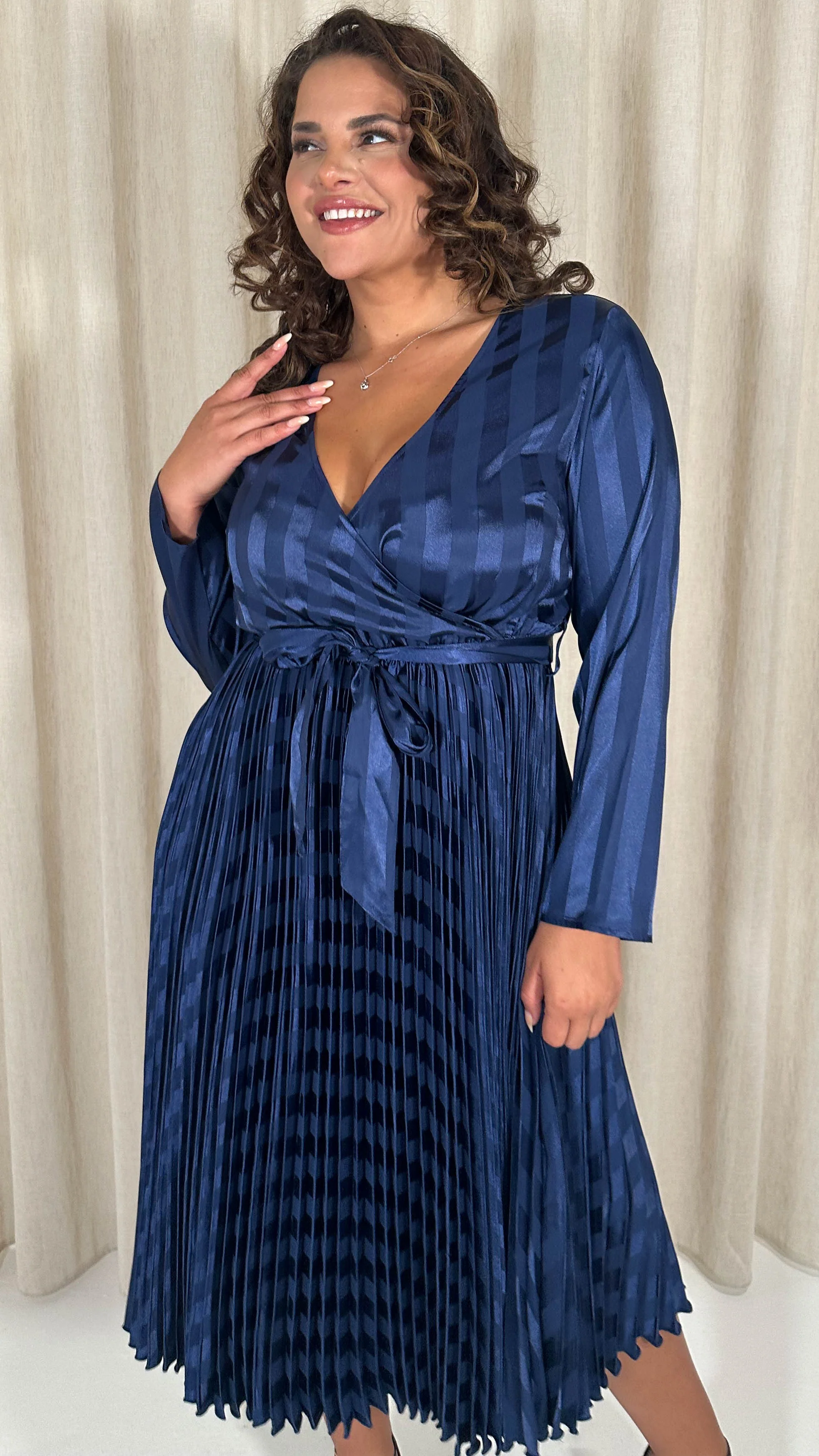 CurveWow Long Sleeve Pleated Wrap Dress Navy Stripe - Image 5