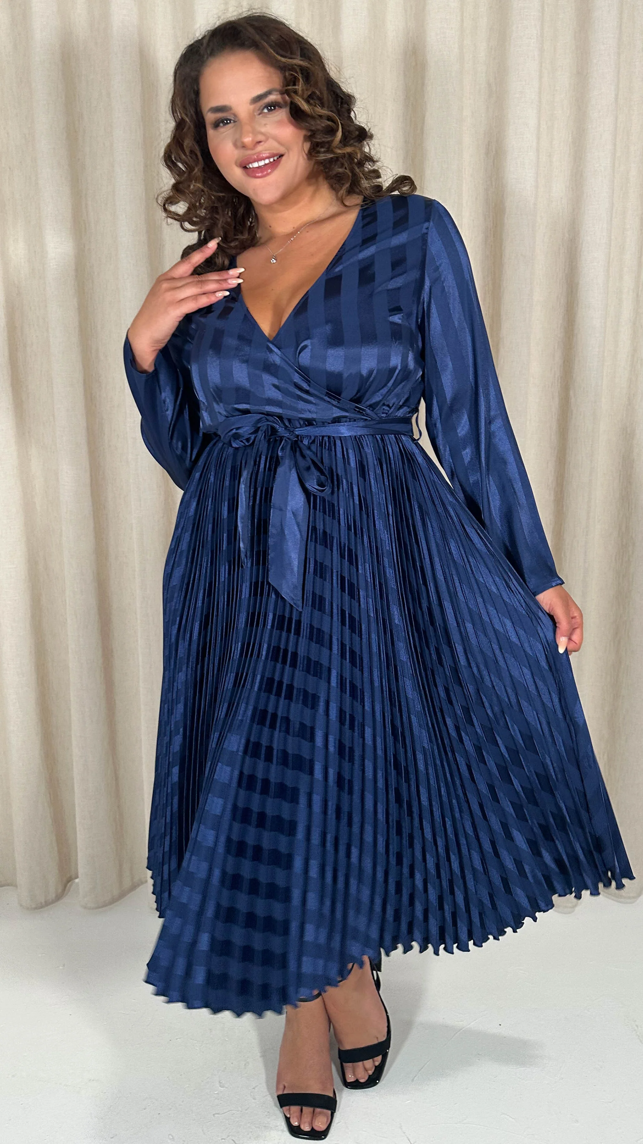 CurveWow Long Sleeve Pleated Wrap Dress Navy Stripe - Image 6