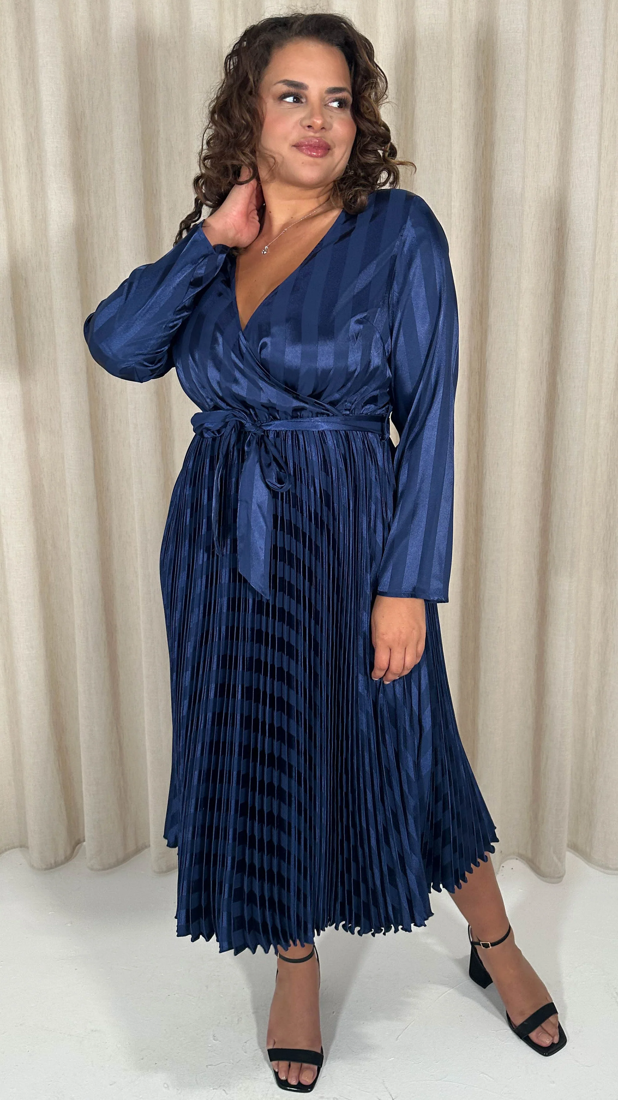 CurveWow Long Sleeve Pleated Wrap Dress Navy Stripe - Image 7