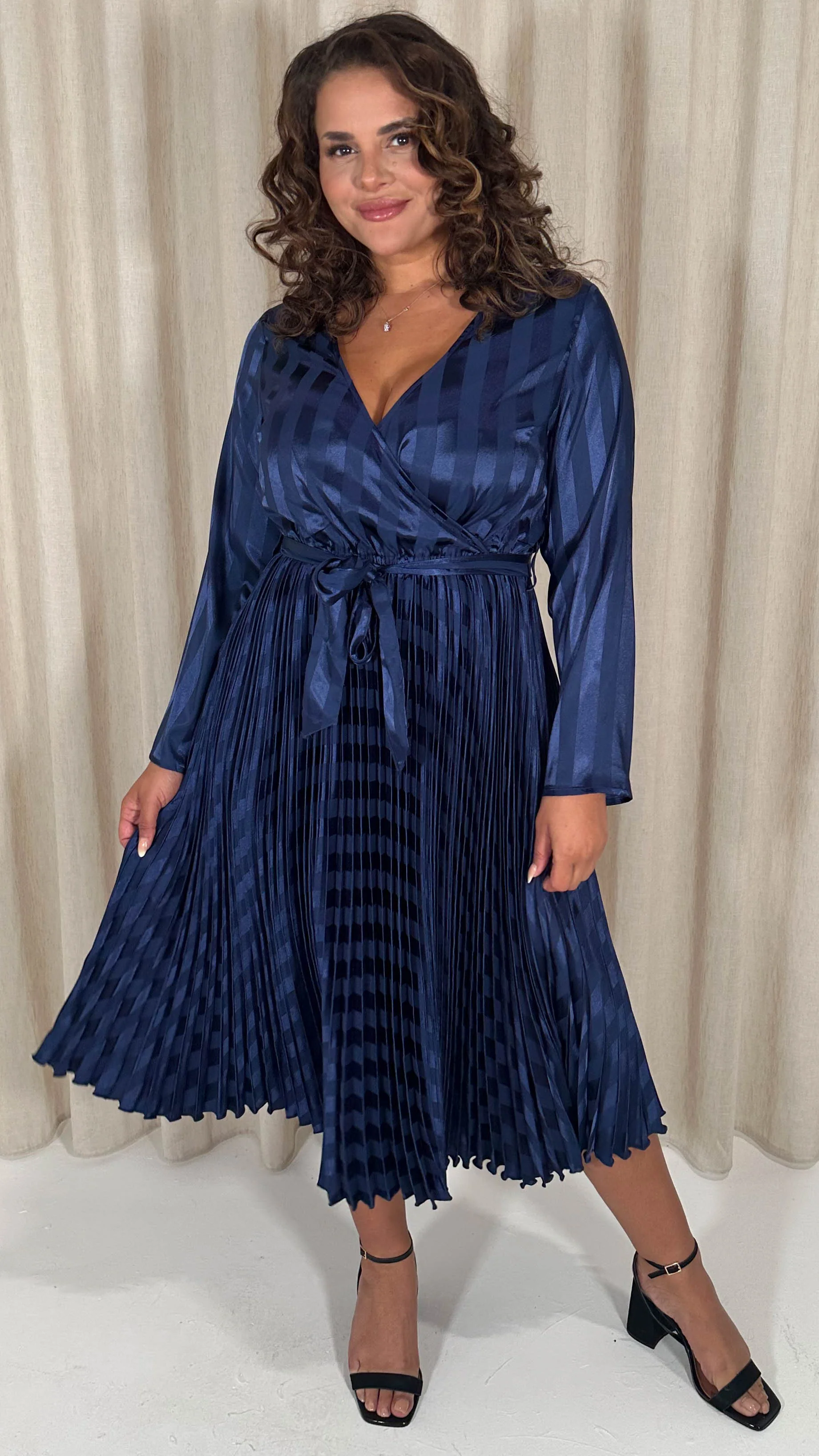 CurveWow Long Sleeve Pleated Wrap Dress Navy Stripe - Image 8