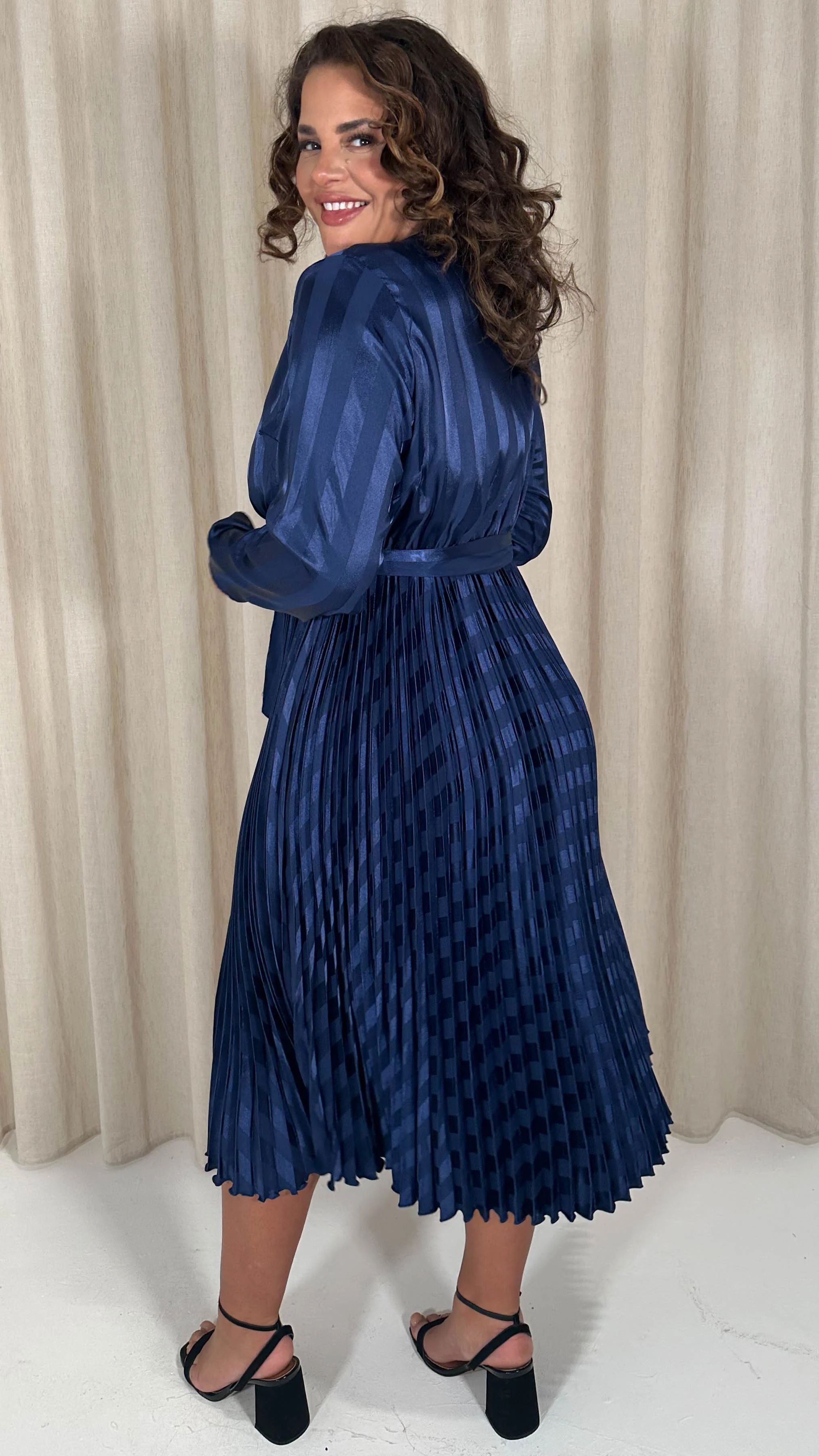 CurveWow Long Sleeve Pleated Wrap Dress Navy Stripe - Image 9